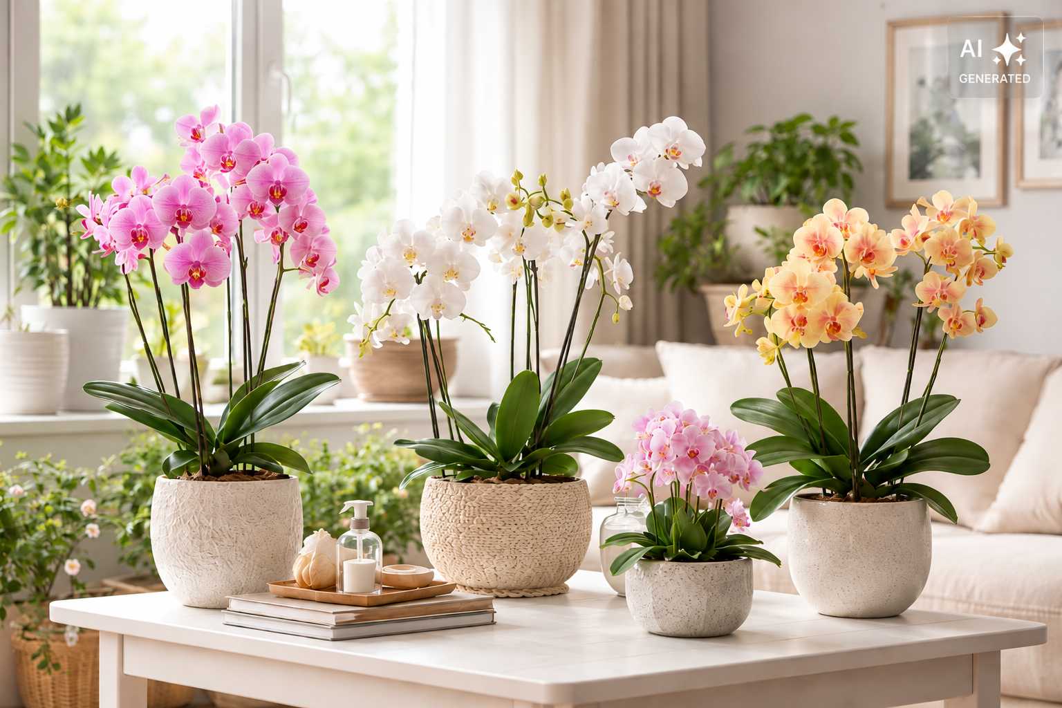 Rosa, weiße und orange Orchideen in dekorativen Pflanzgefäßen auf einem Tisch