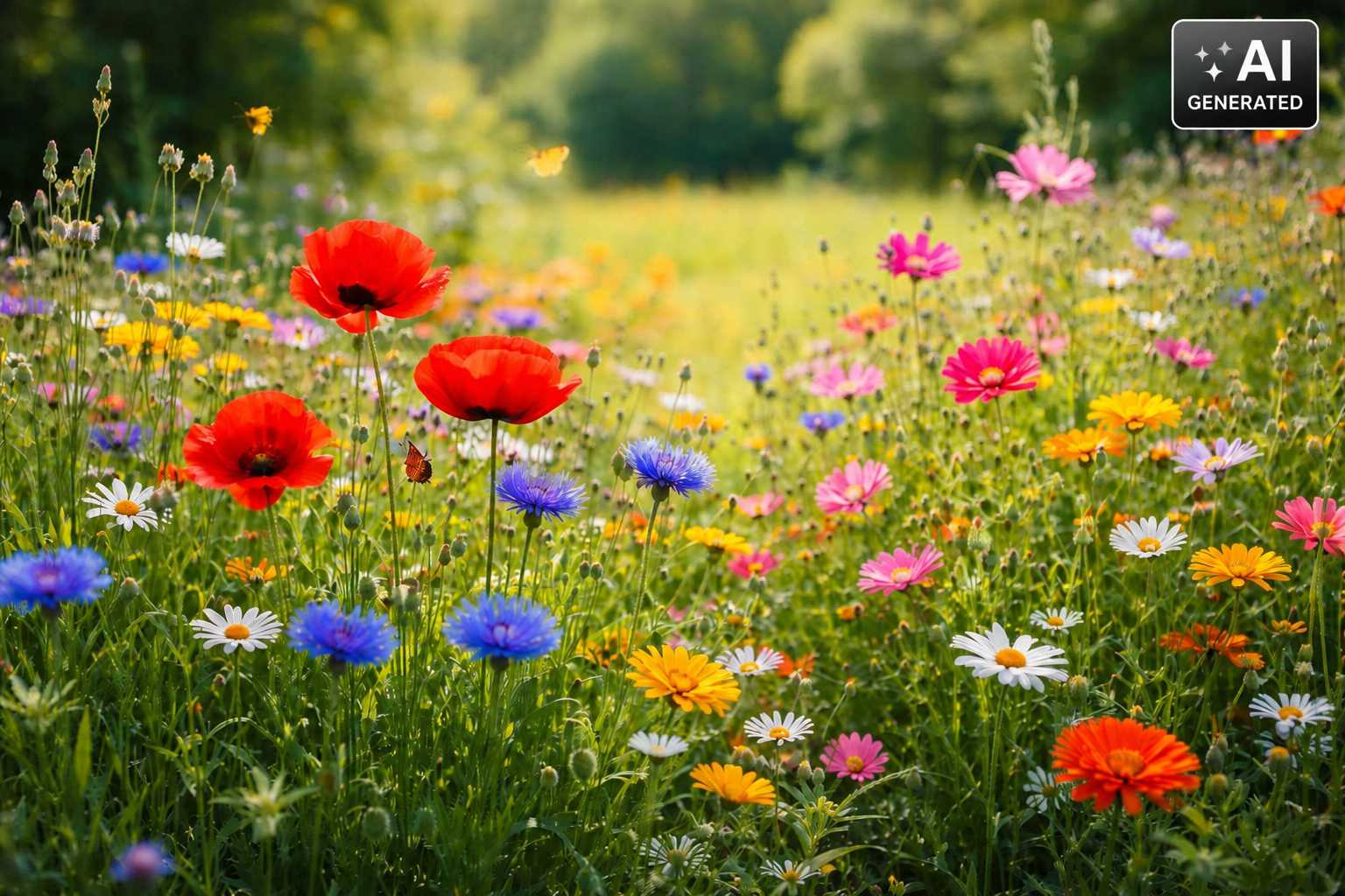 Artenreiche Blumenwiese mit rotem Mohn, Kornblumen und bunten Sommerblumen