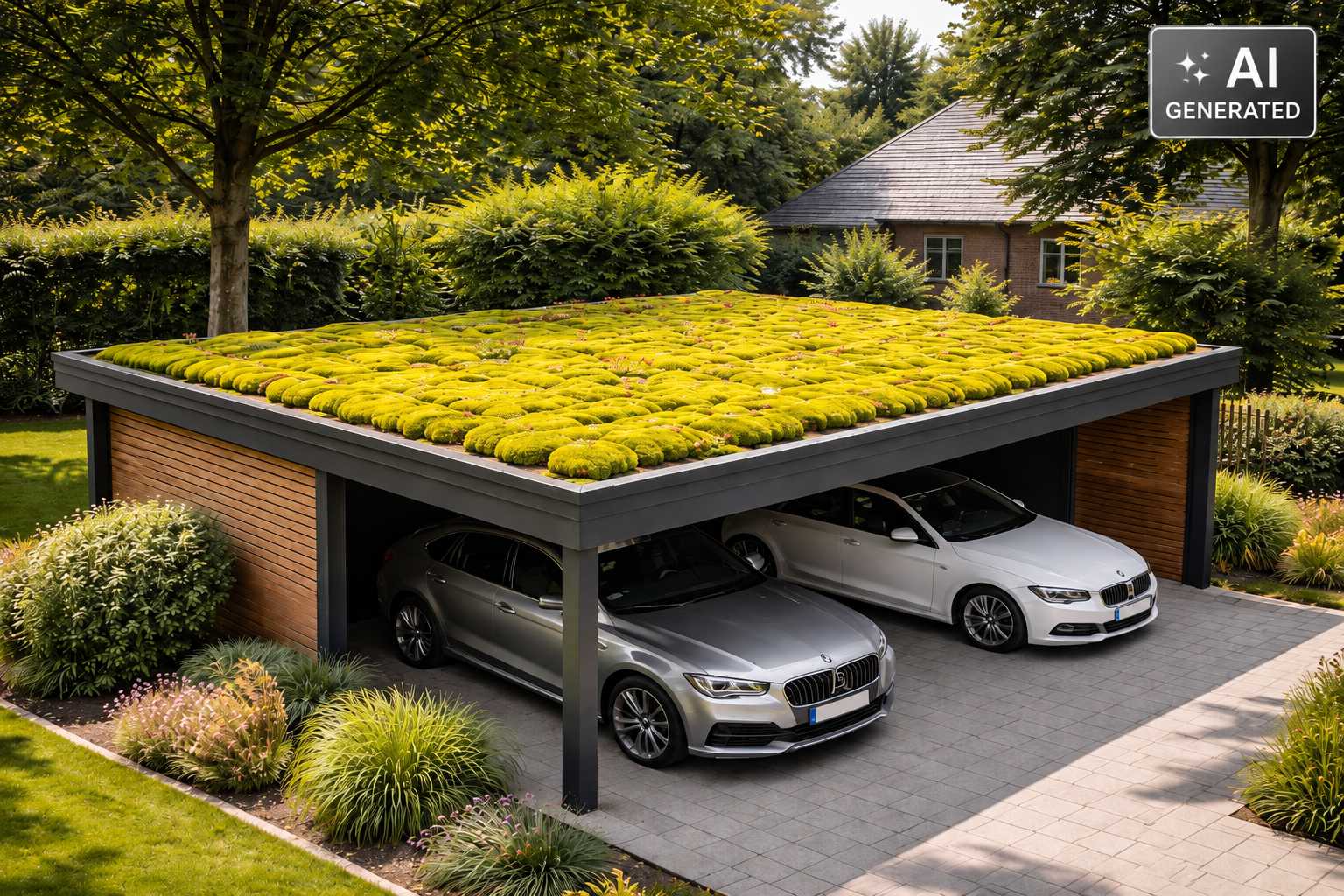 Moderner Carport mit extensiver Dachbegrünung und zwei Stellplätzen