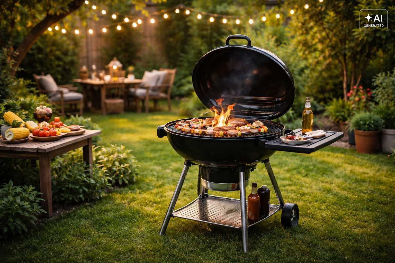 Geöffneter Holzkohlegrill mit Steaks, Grillgemüse und Mais bei einem Gartenabend