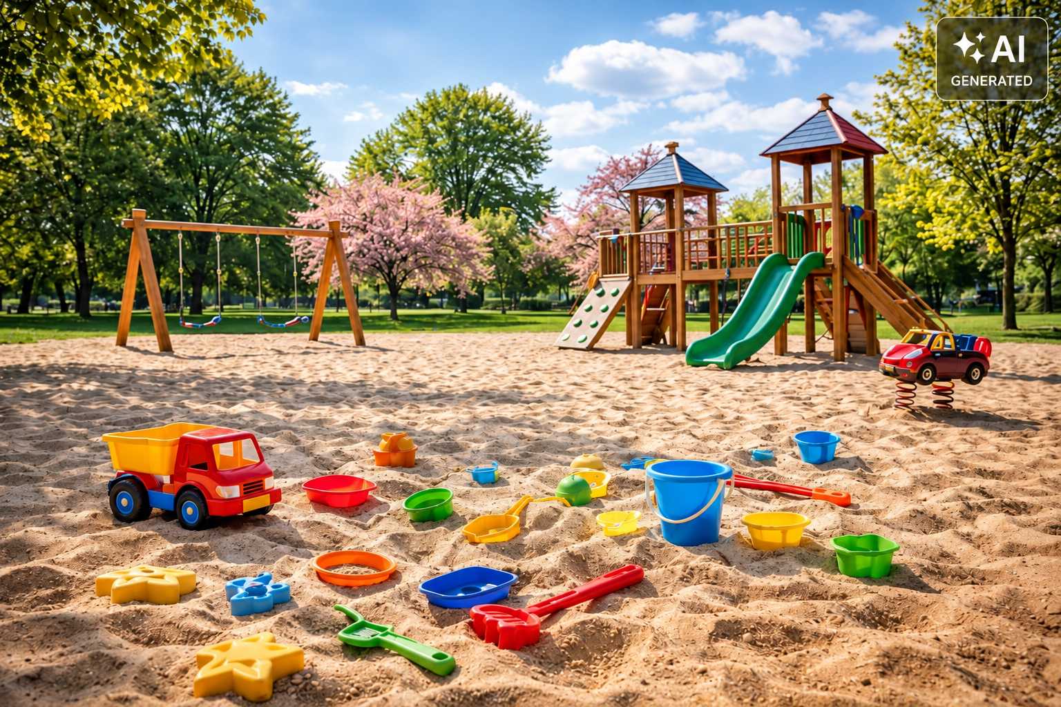 Großer Sandspielplatz mit Kletterturm, Rutsche, Schaukel und buntem Sandspielzeug