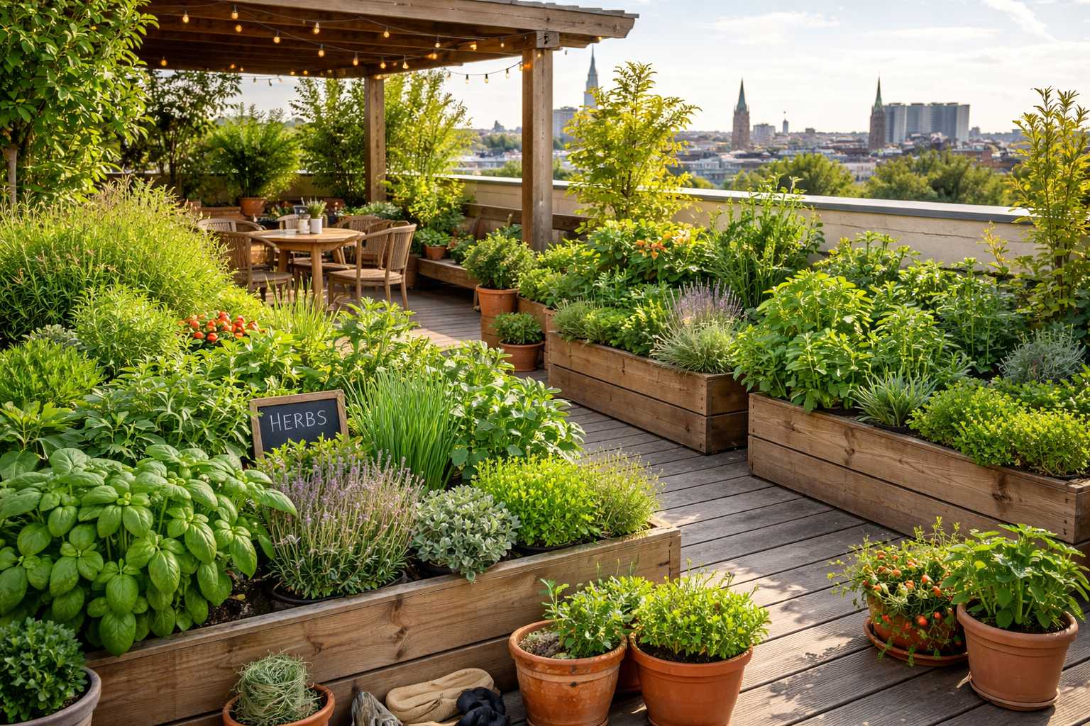 Dachterrasse mit Hochbeeten voller Kräuter und Gemüse, Sitzbereich und Blick über die Stadt