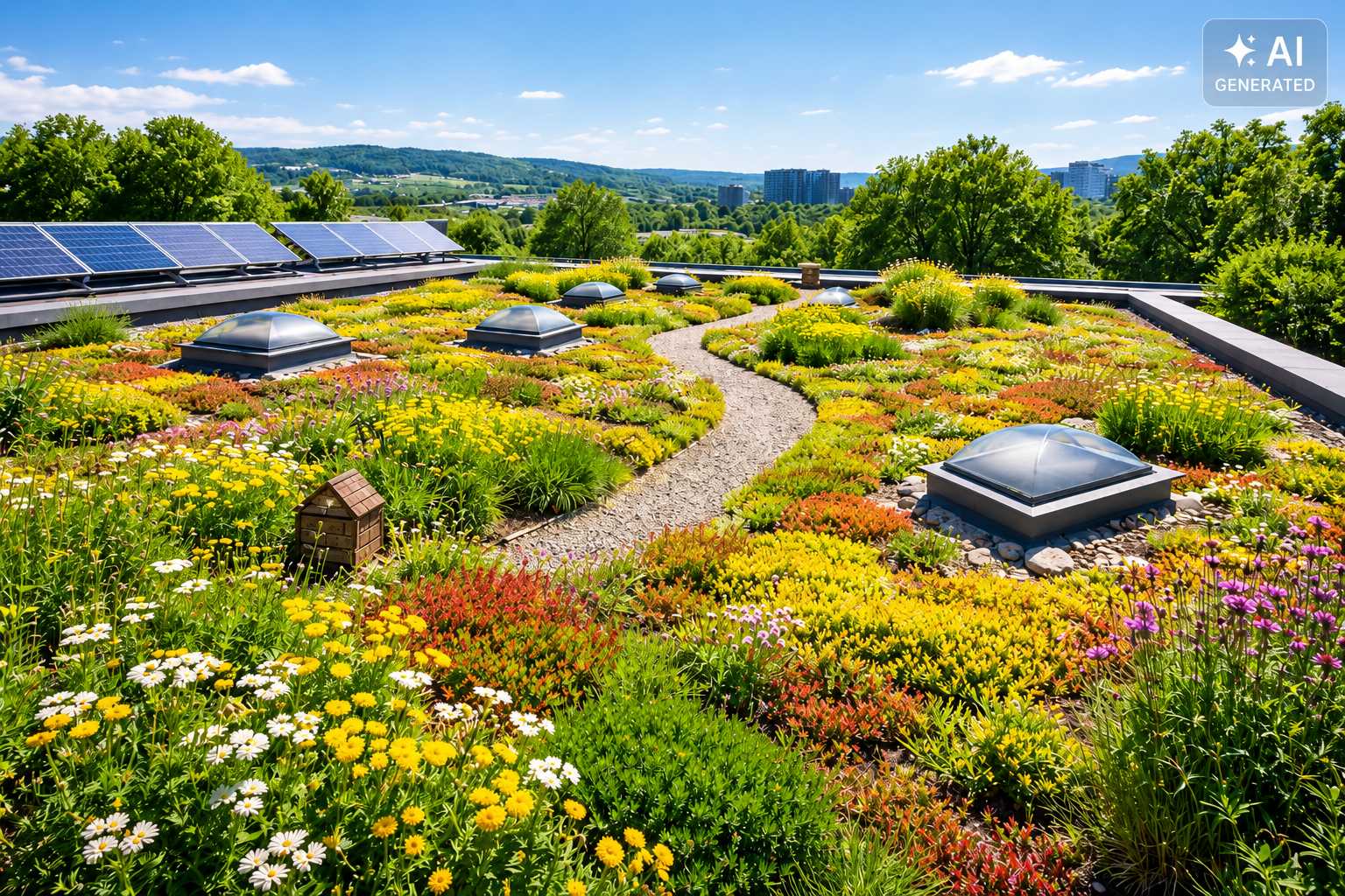 Artenreich begrüntes Flachdach mit Sedum, Wildblumen, Dachfenstern und Solarmodulen