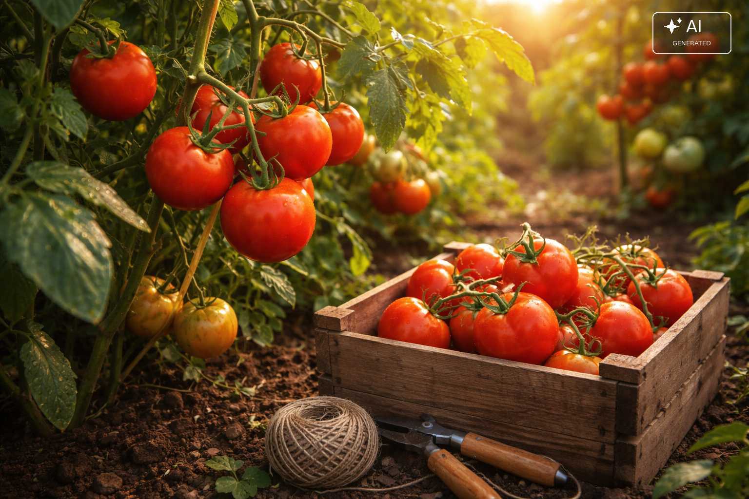 Frisch geerntete rote Tomaten in einer Holzkiste zwischen Tomatenpflanzen