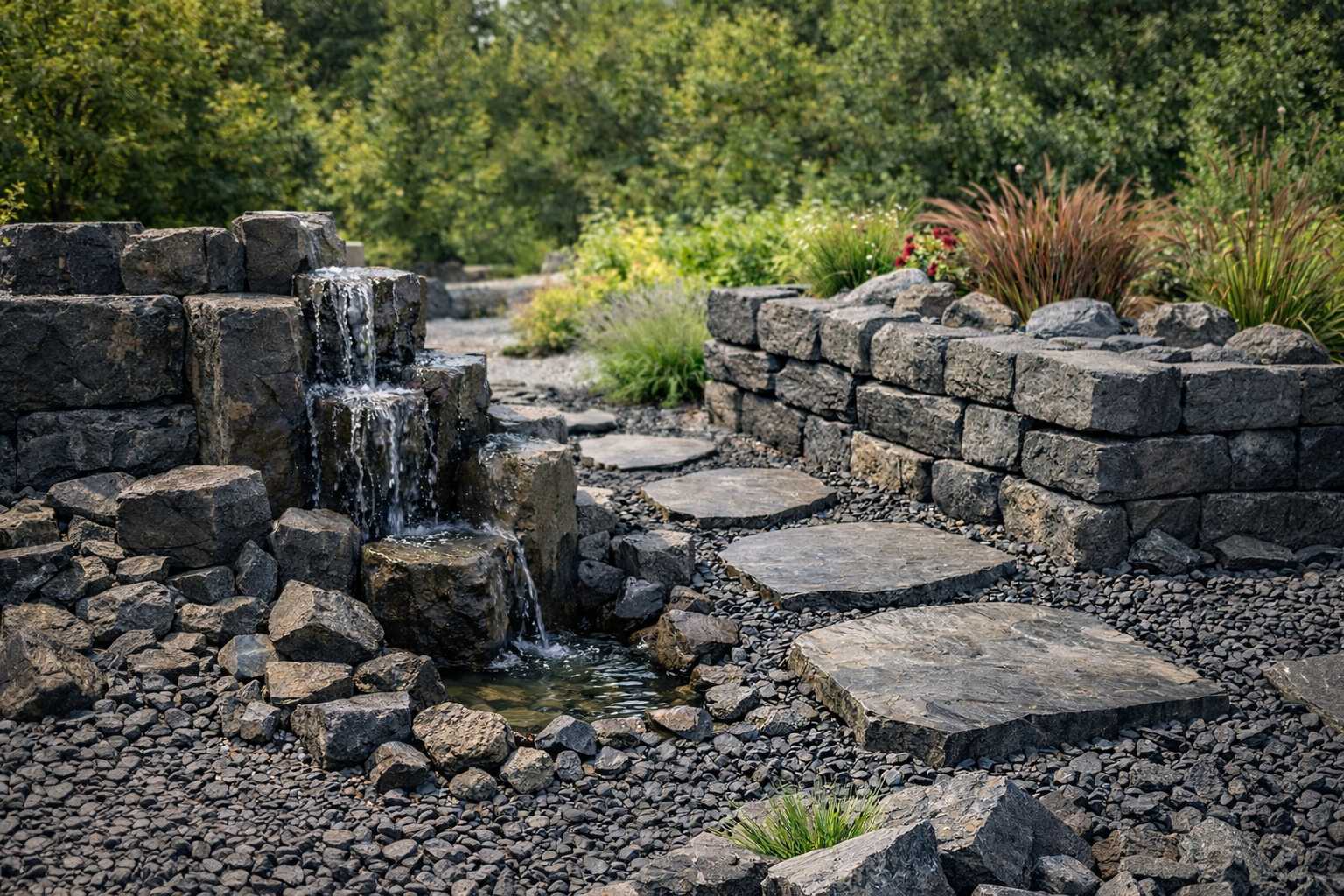 Steingarten mit kleinem Wasserfall, Natursteinmauer und Trittplattenweg