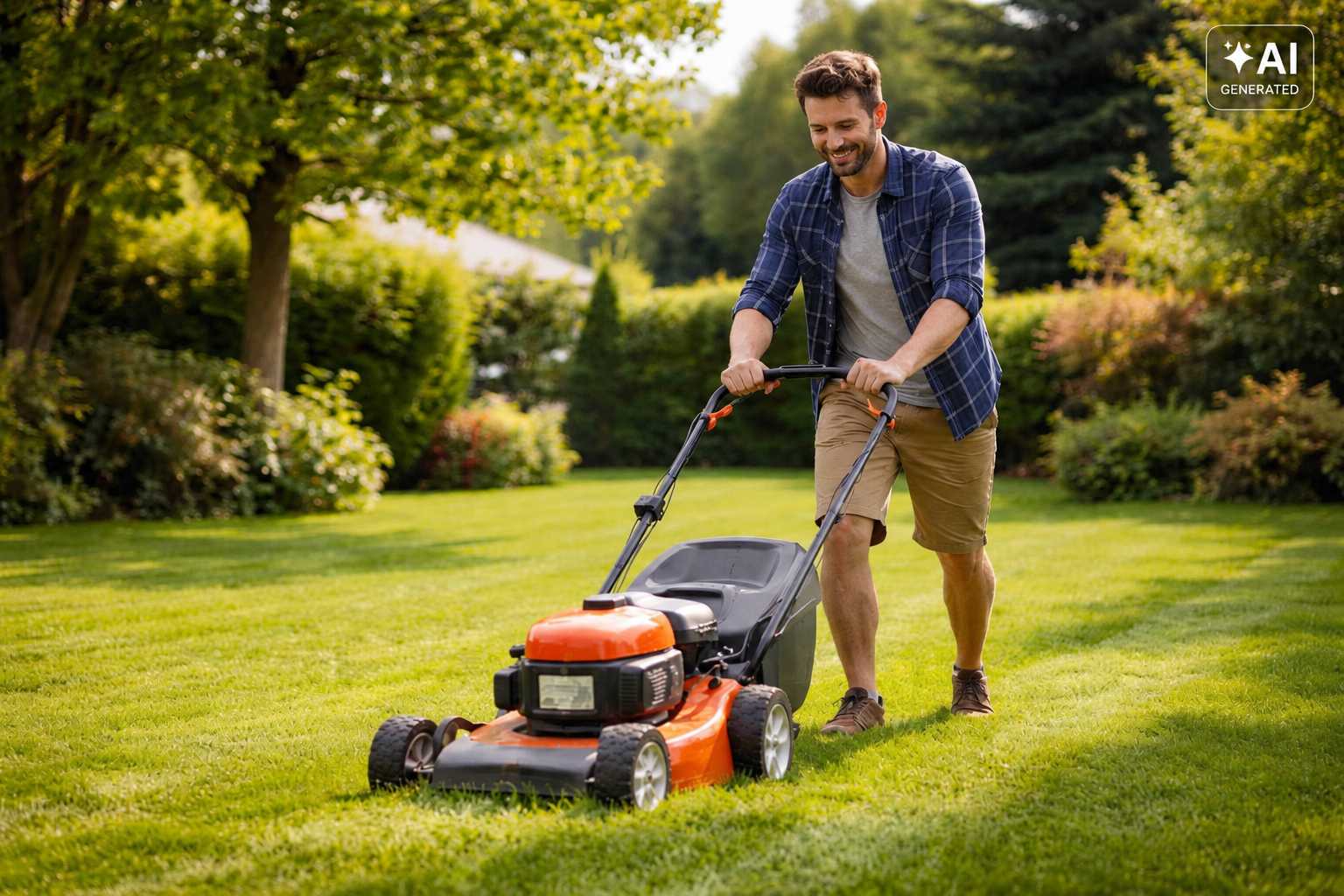 Mann mäht mit einem Benzinrasenmäher eine grüne Rasenfläche im Garten