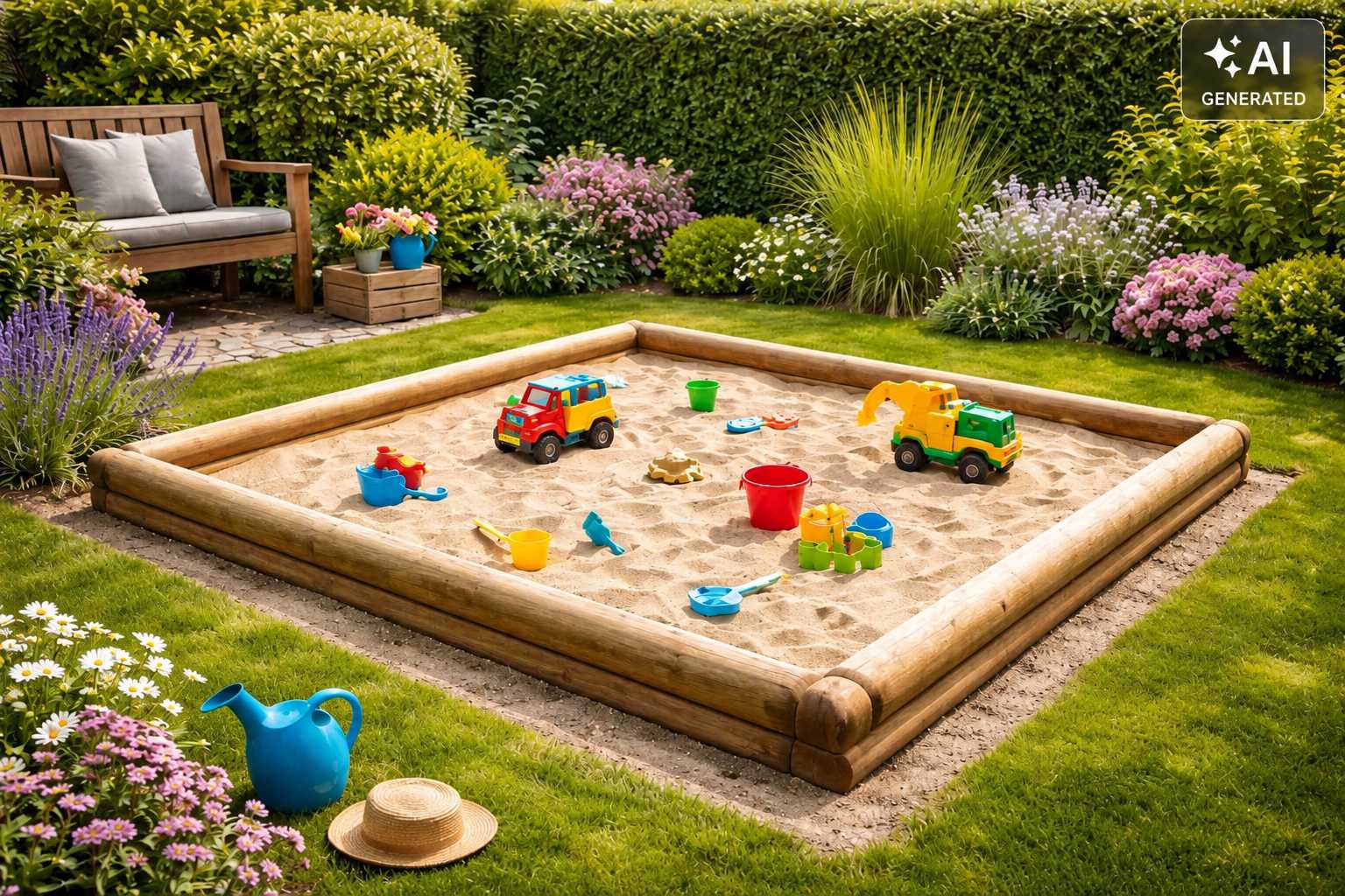 Holz-Sandkasten mit Sandspielzeug, Spielzeugautos und Gartenbepflanzung