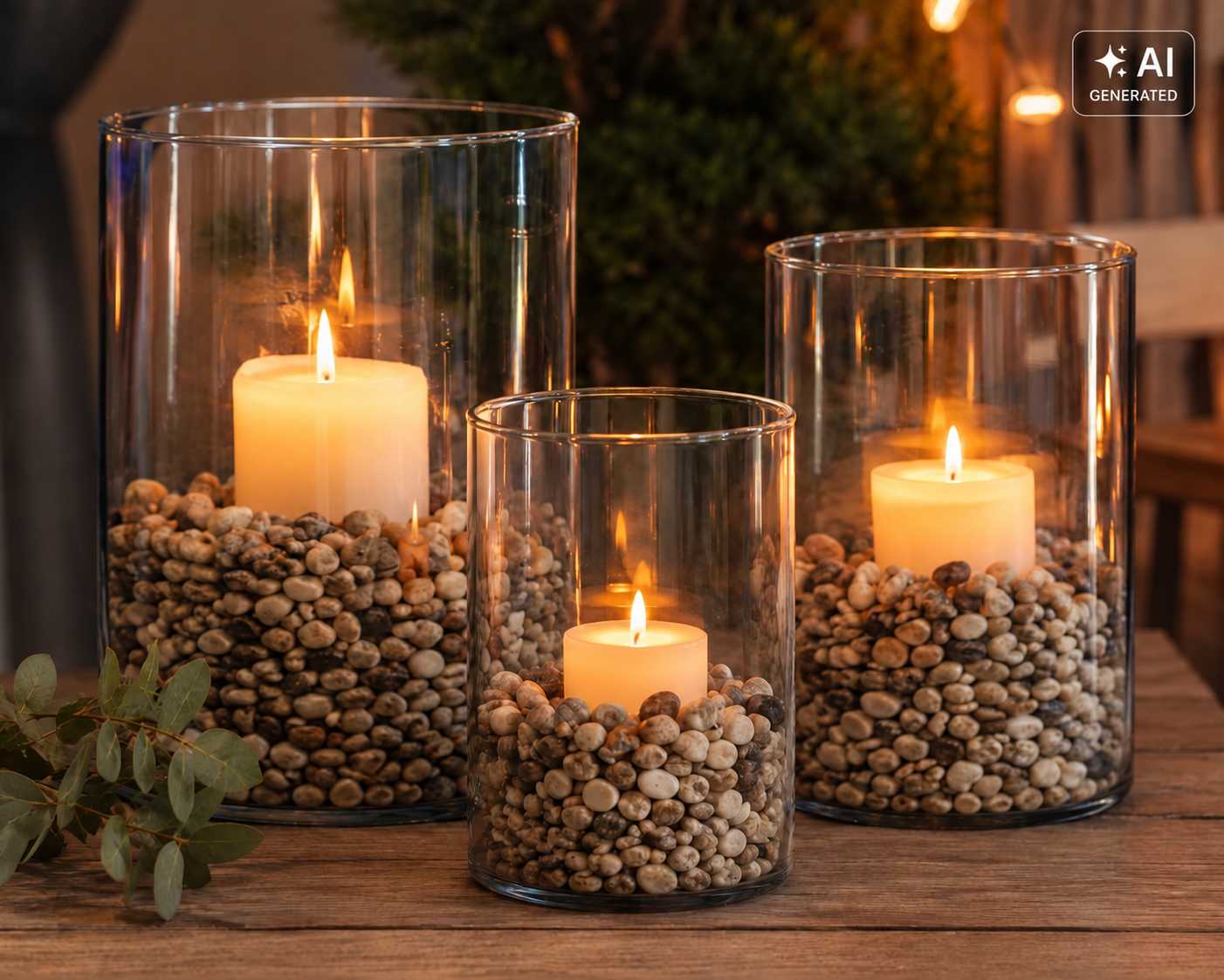 Dekorative Glaswindlichter mit Naturkies und brennenden Kerzen auf Holztisch