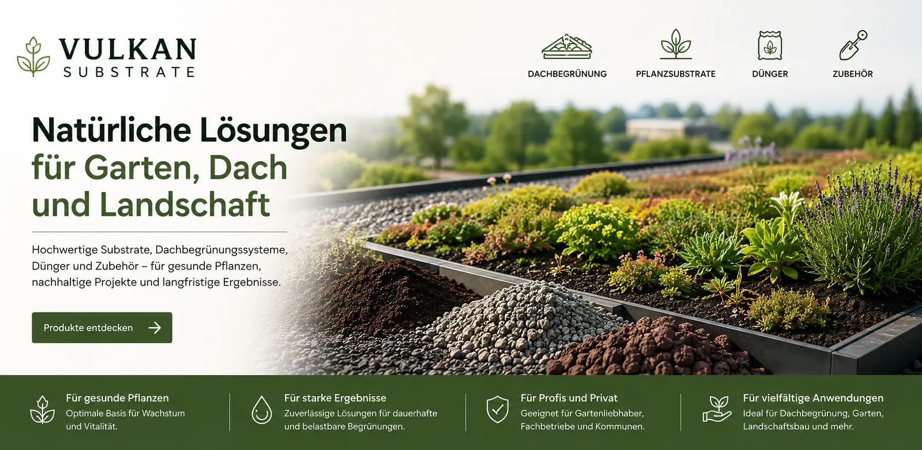 Dachbegrünung mit Pflanzen und vulkanischen Substraten aus Lava, Bims und Zeolith für Garten, Dach und Landschaftsbau