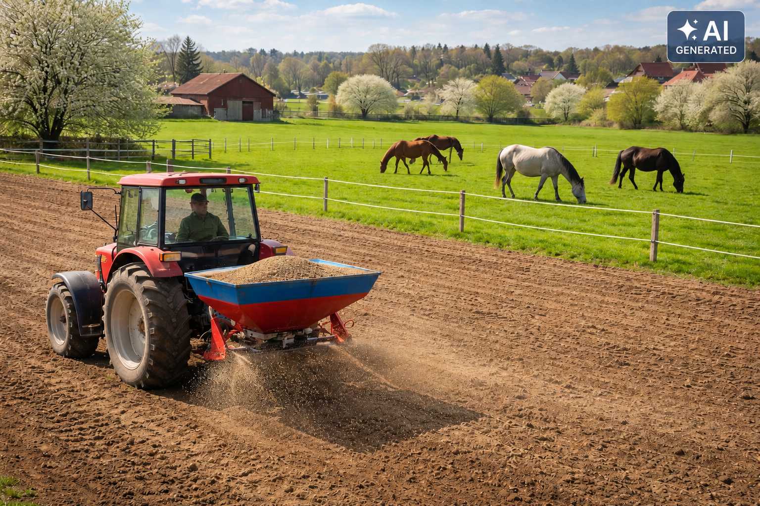 Traktor verteilt Material auf einem Reitplatz neben einer Pferdeweide