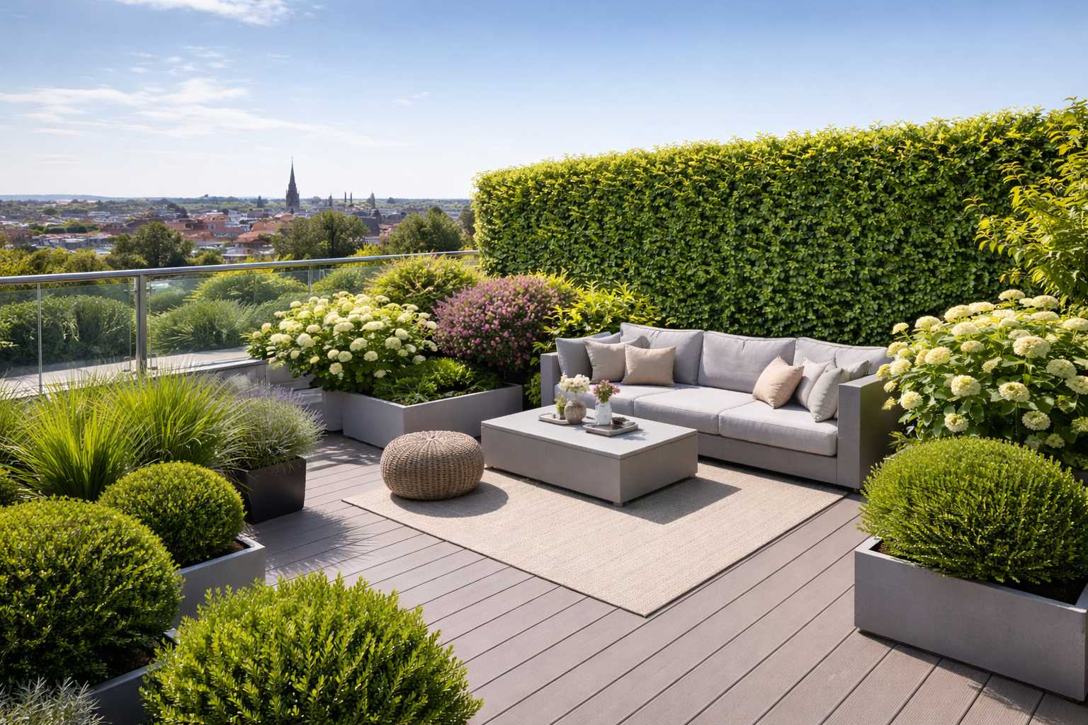 Dachterrasse mit Lounge-Möbeln, großen Pflanzkübeln, Hecken und Blick über die Stadt
