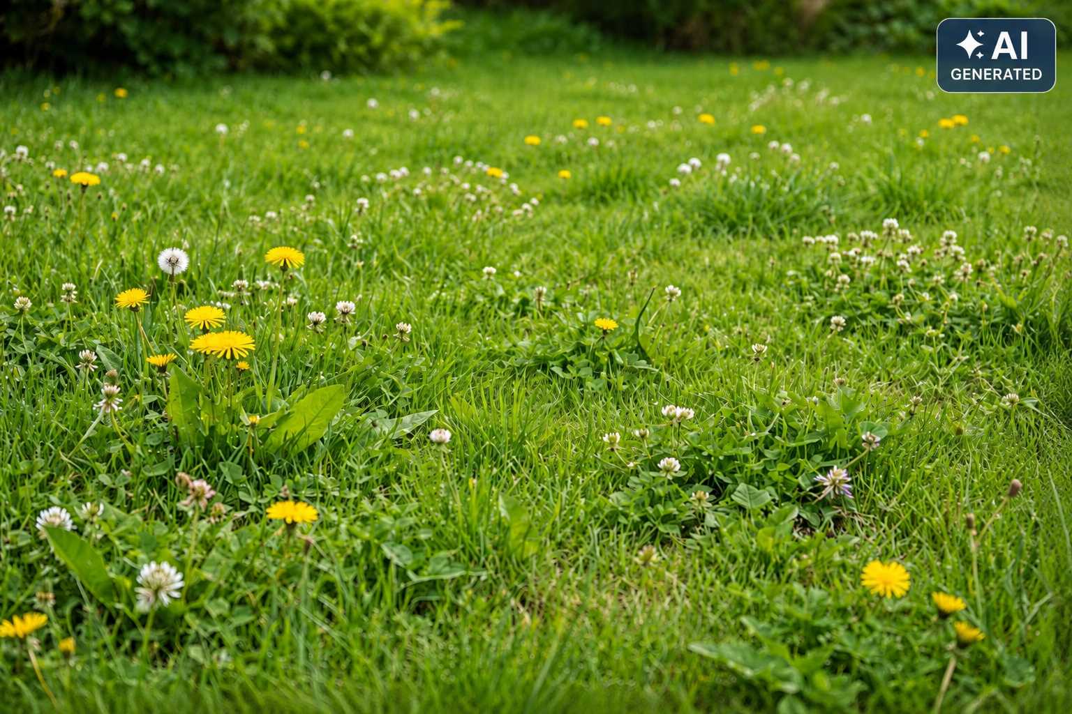 Grüne Gartenwiese mit Löwenzahn, Klee und weiteren Wildkräutern