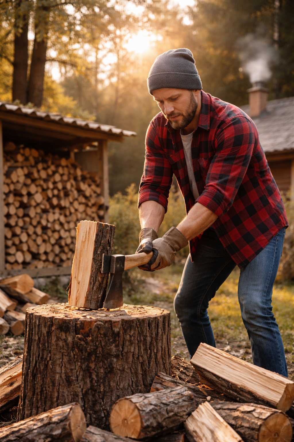 Mann spaltet Holz mit einer Axt im Garten vor einem Holzstapel zur Vorbereitung von Brennholz für den Winter