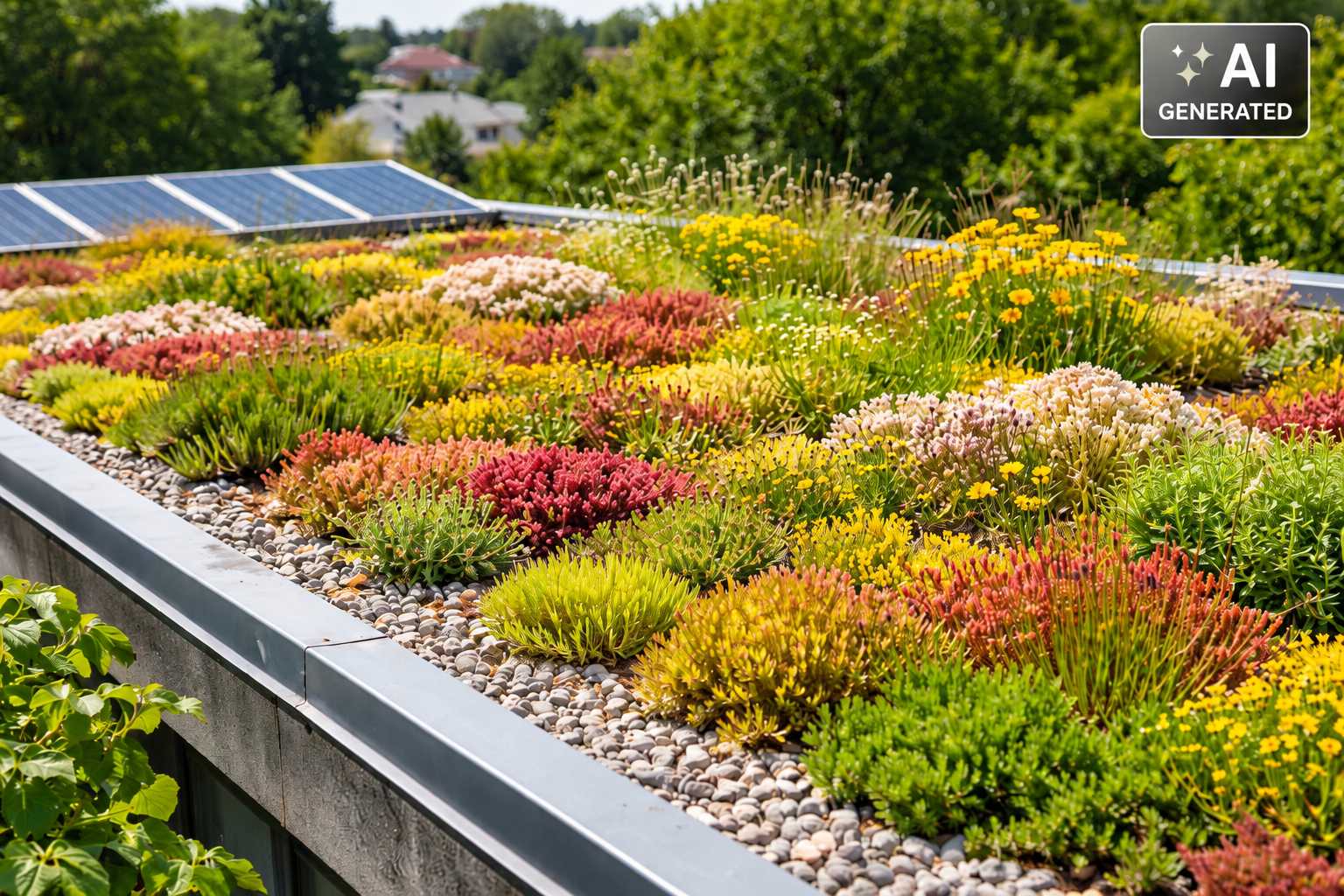 Extensive Dachbegrünung mit Sedum, Blühpflanzen und Photovoltaikmodulen