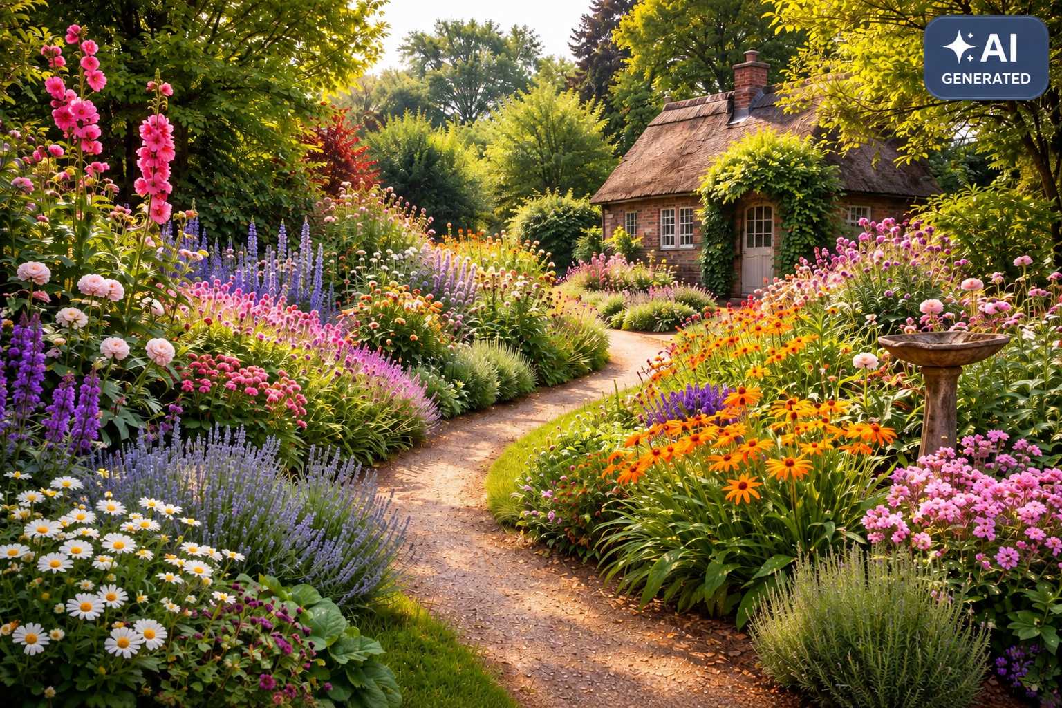 Üppiger Cottage-Garten mit geschwungenem Weg, bunten Stauden und kleinem Landhaus
