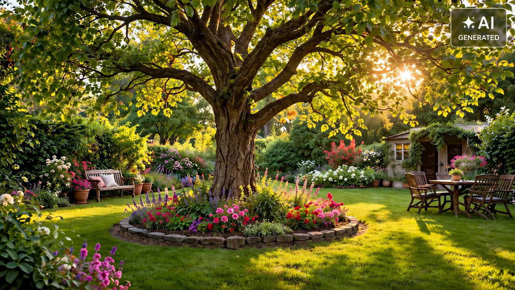 Sonniger Garten mit altem Baum, farbenfrohem Blumenbeet und gemütlichen Sitzplätzen