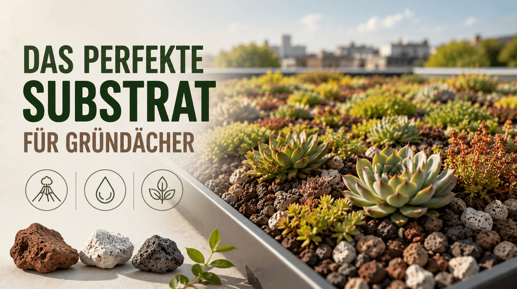 Extensive Dachbegrünung mit Sedum-Pflanzen auf einem Gründach und mineralischem Dachsubstrat aus Lava und Bims