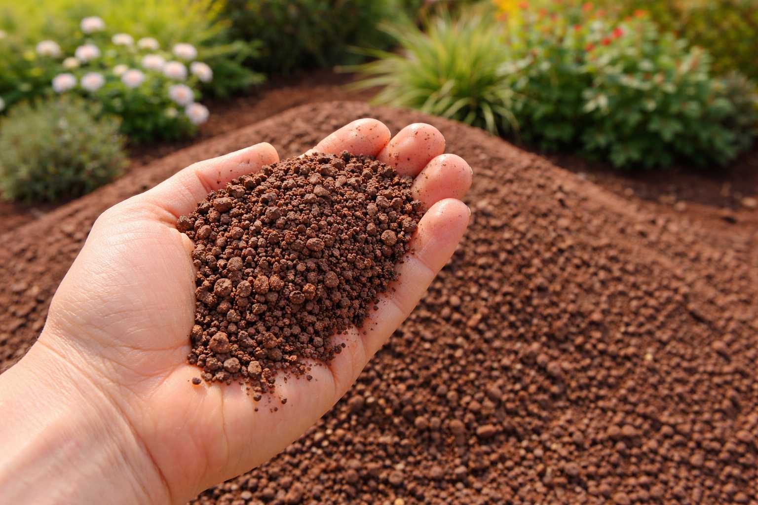 Hand hält rotes Lavagranulat als mineralisches Substrat für Beete und Pflanzgefäße