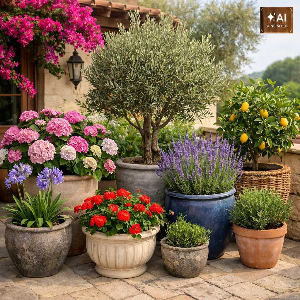 Terrasse mit Olivenbaum, Zitronenbaum, Hortensien, Lavendel und Geranien in Pflanzkübeln