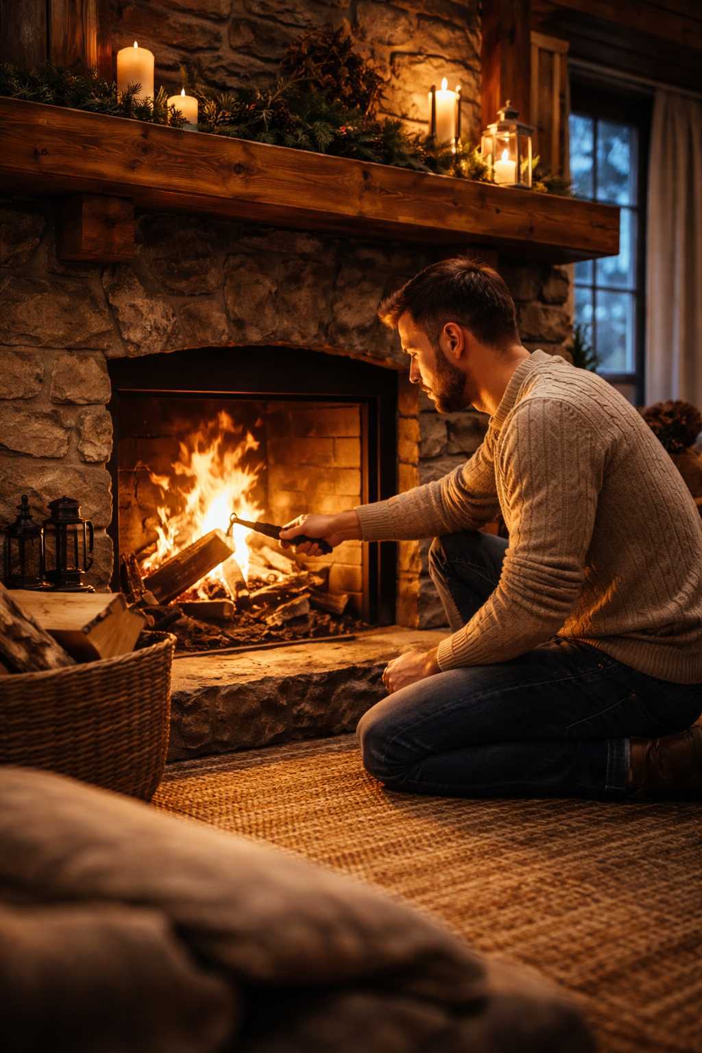 Mann legt Holz in einen brennenden Kamin und sorgt für eine warme, gemütliche Atmosphäre im Wohnzimmer