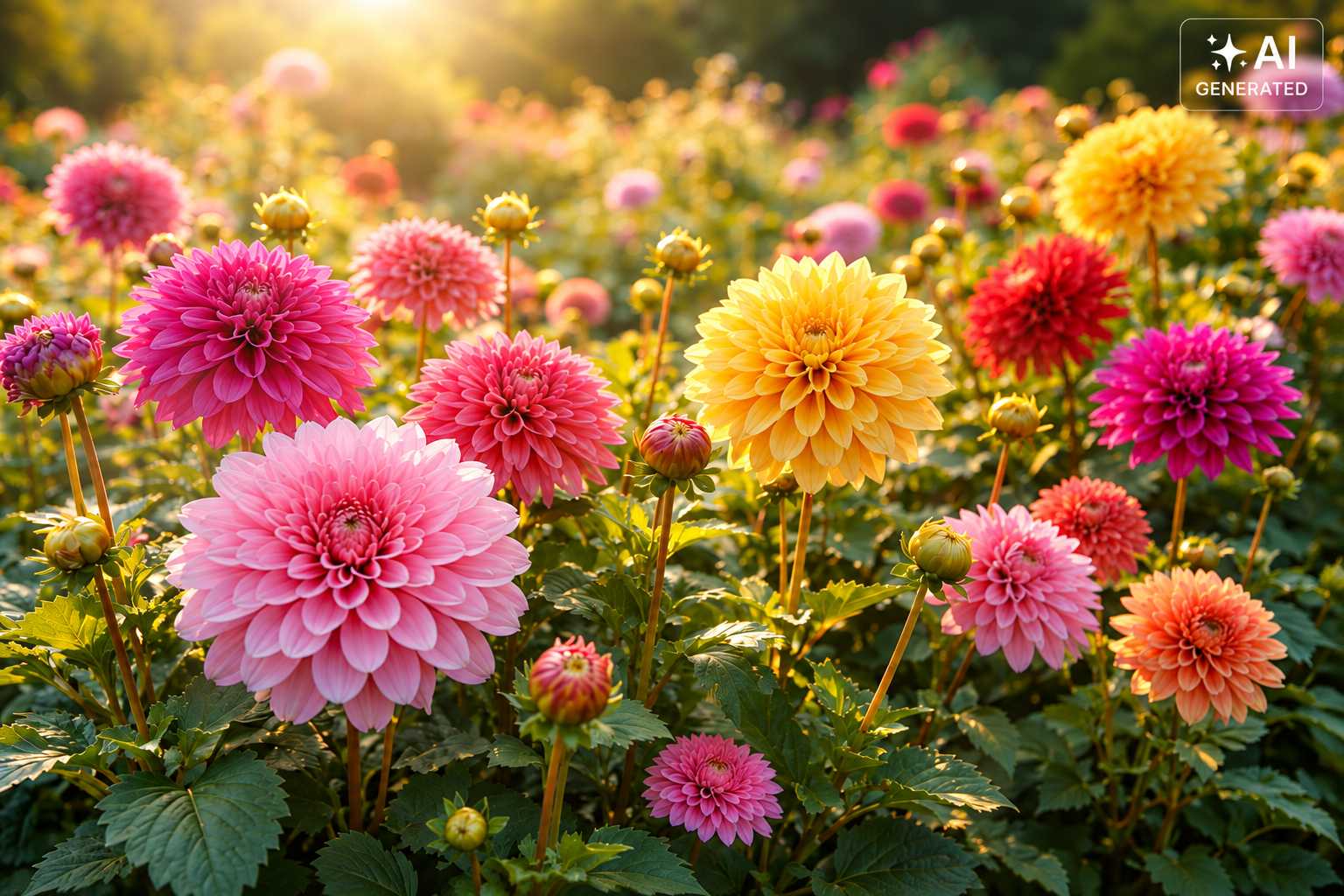 Blühende Dahlien in Rosa, Gelb, Rot und Orange im sonnigen Garten