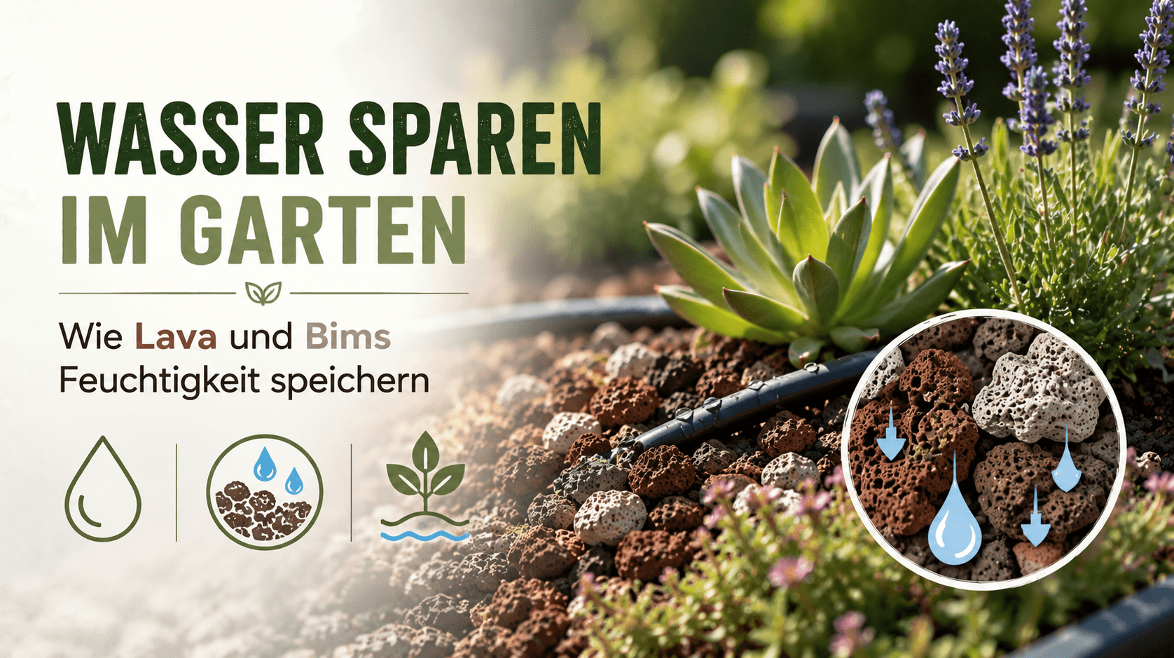 Gartenbeet mit Lava und Bims zur Wasserspeicherung und Verbesserung der Bodenfeuchtigkeit