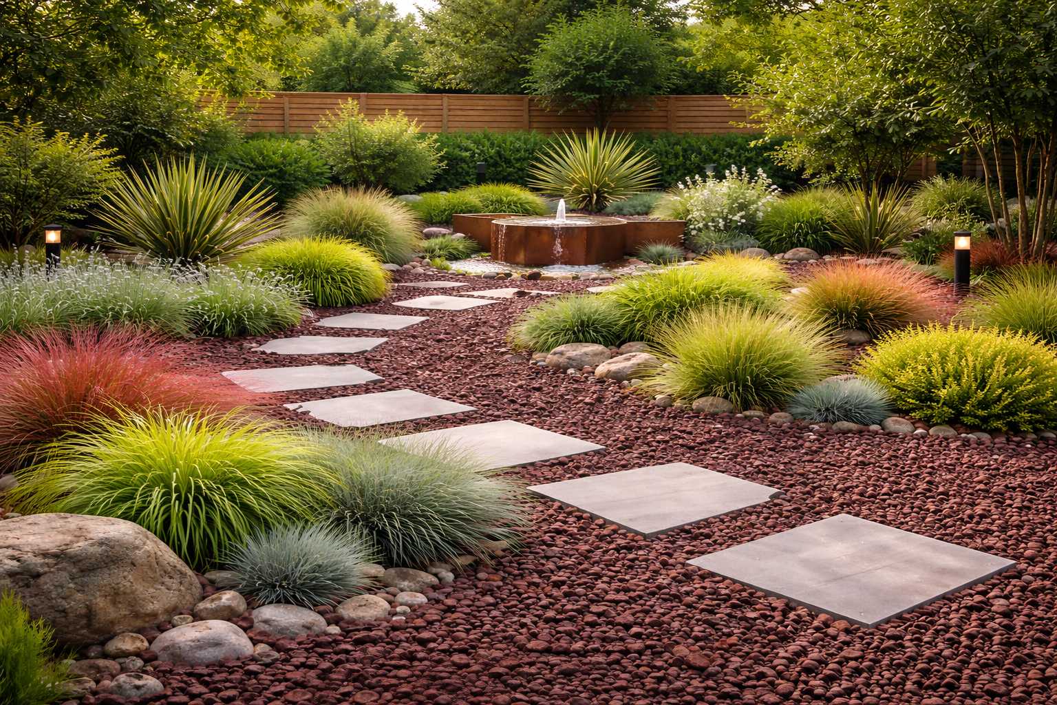 Gartenlandschaft mit rotem Lavagranulat, Ziergräsern, Trittplatten und kleinem Wasserspiel