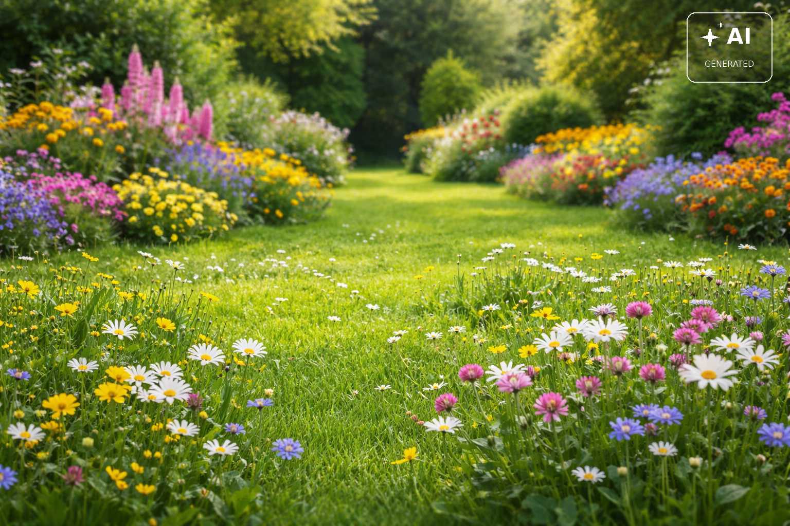 Grüne Gartenwiese mit Gänseblümchen, Klee und farbenfrohen Staudenbeeten