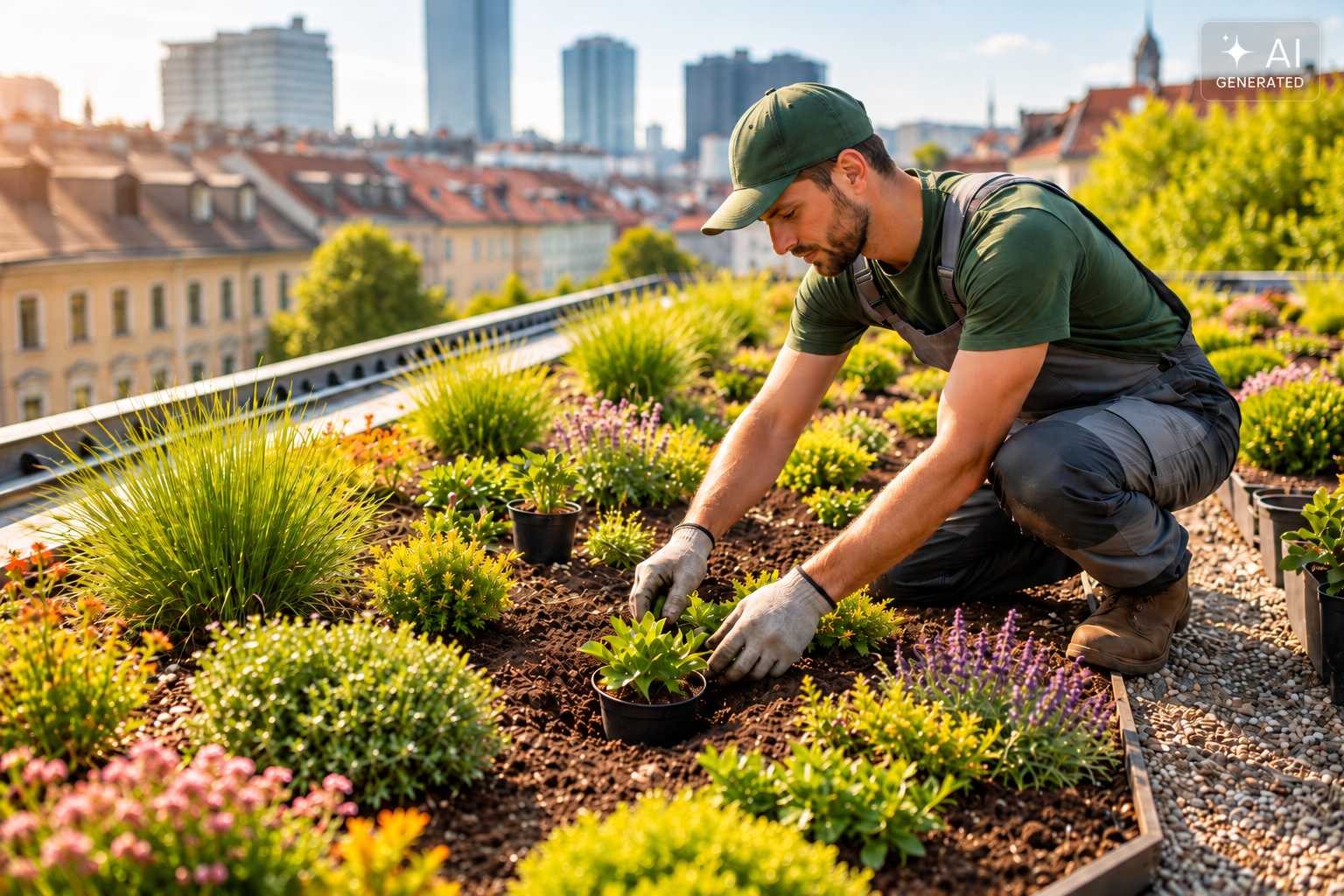 Gärtner pflanzt Stauden und Gräser auf einem begrünten Flachdach in der Stadt