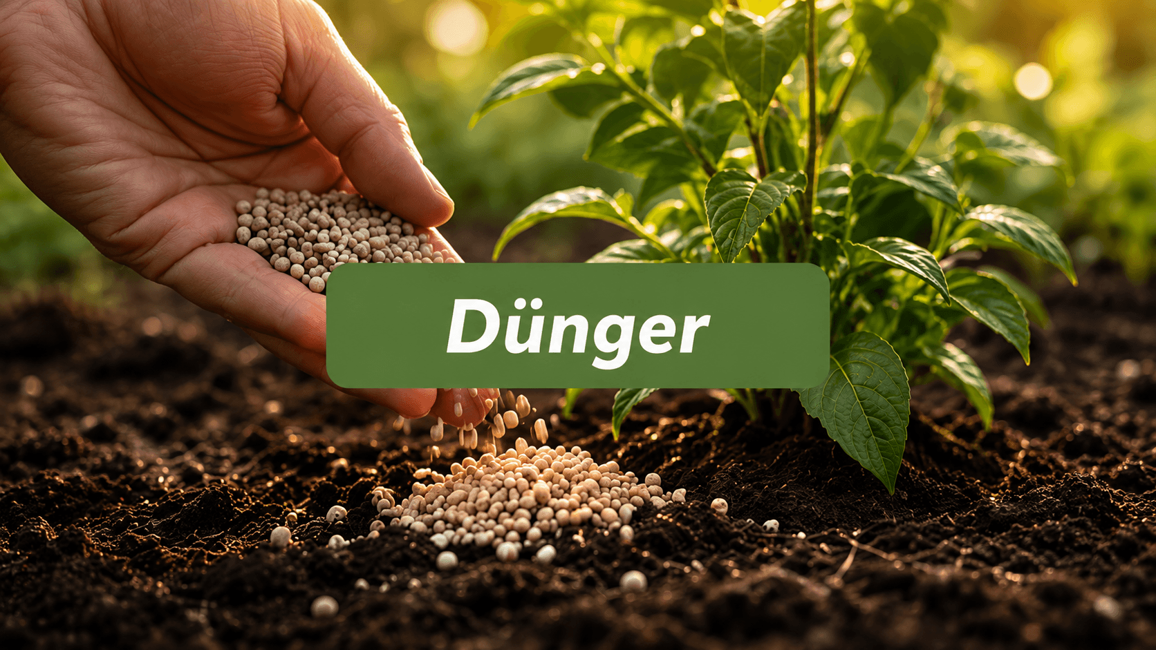 Ausbringung von Dünger im Garten zur Förderung von gesundem Pflanzenwachstum und kräftigen Wurzeln