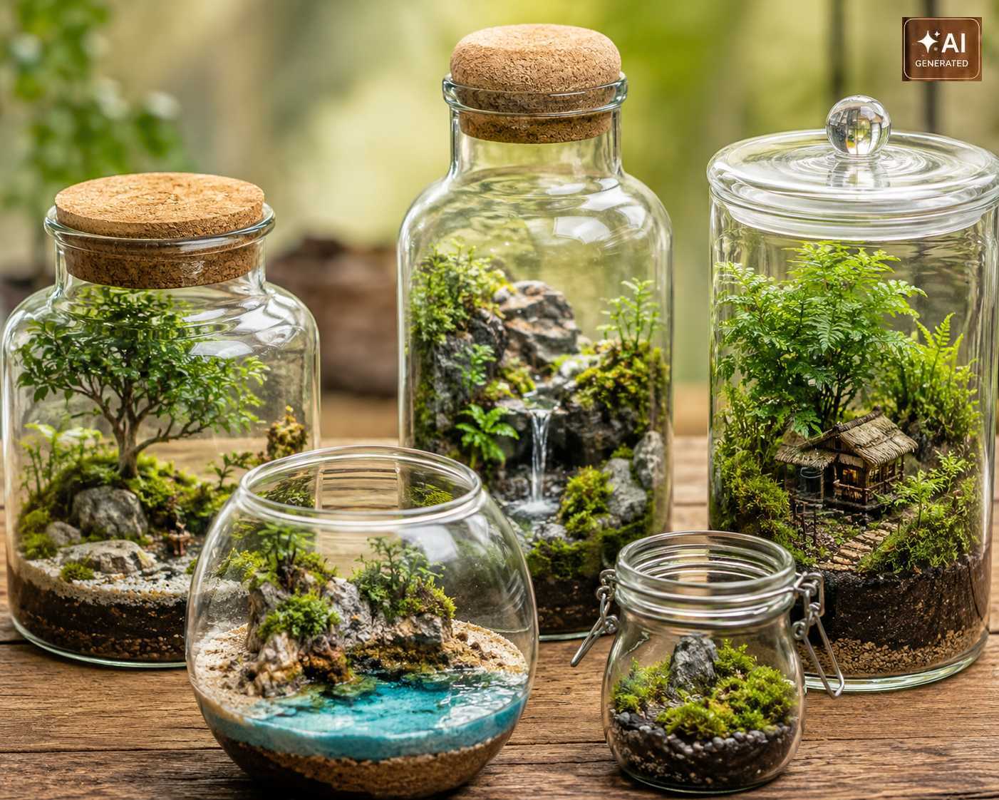 Dekorative Flaschengärten und Mini-Terrarien mit Moos, Steinen und kleinen Landschaften