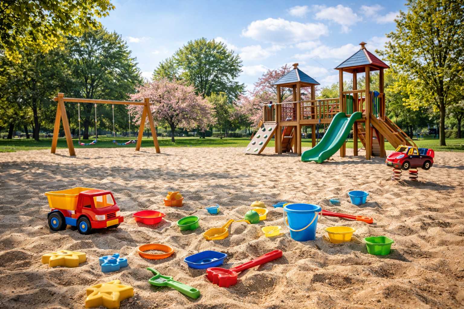 Kinder spielen im Sandkasten auf einem Spielplatz mit Spielsand als sicherem Fallschutz