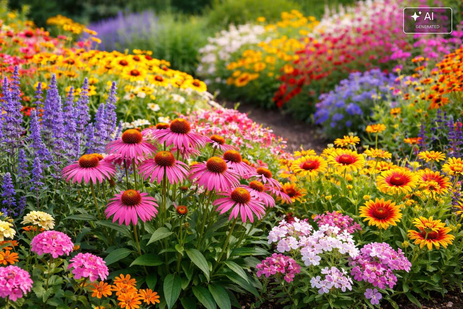 Bunt blühendes Gartenbeet mit Sonnenhut, Salbei und verschiedenen Sommerstauden