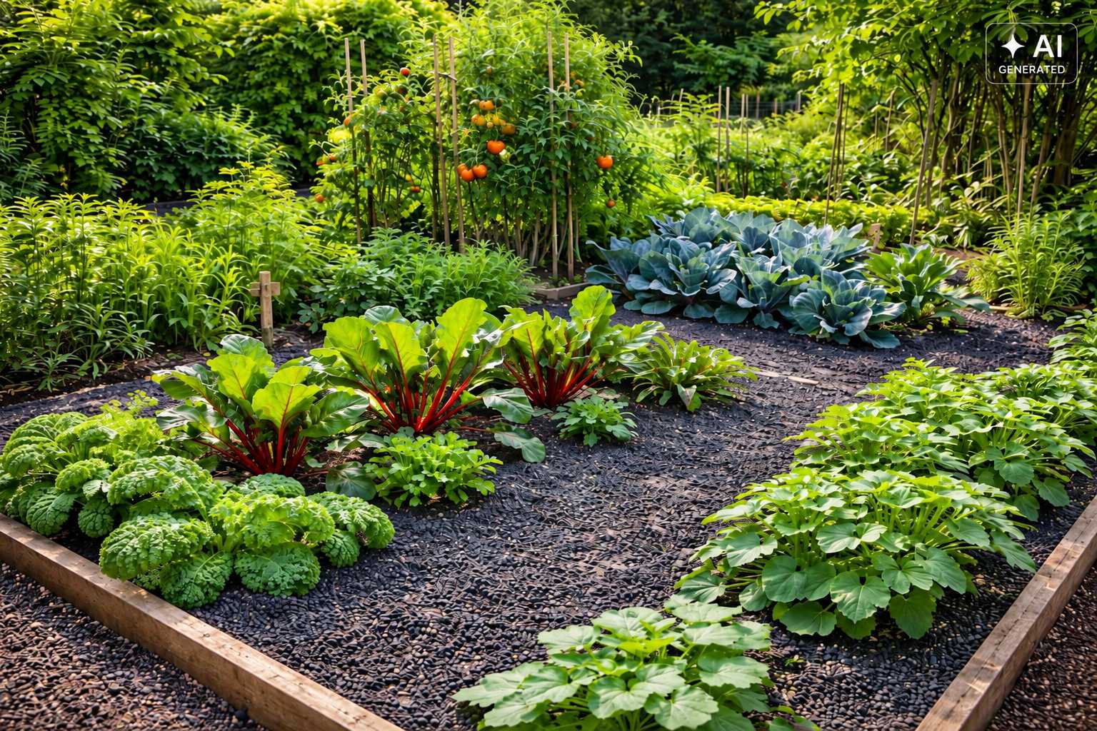 Üppiger Nutzgarten mit Gemüsebeeten, Tomaten, Kohl und Rhabarber