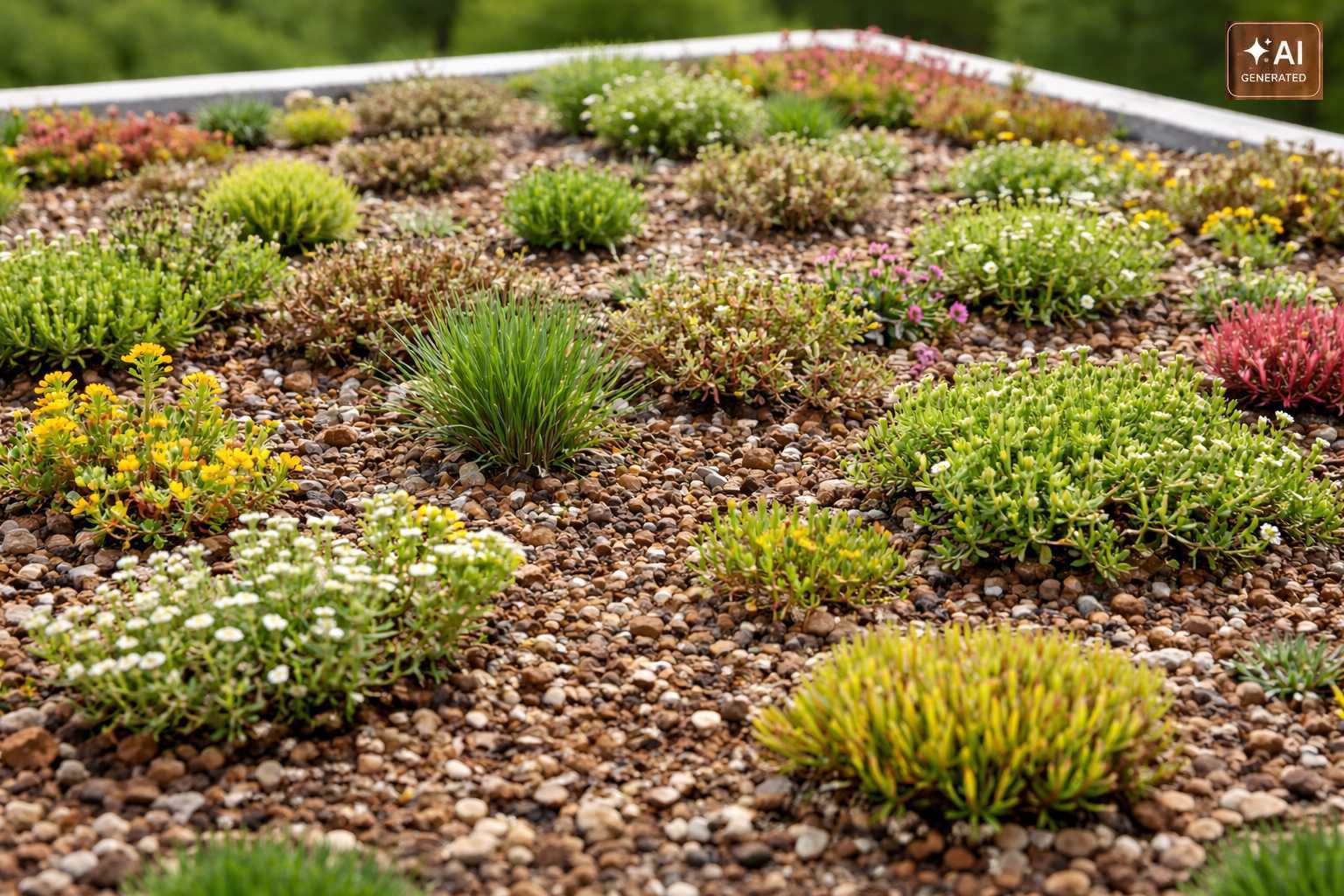Begrüntes Flachdach mit Sedum, Gräsern und trockenheitsverträglichen Pflanzen