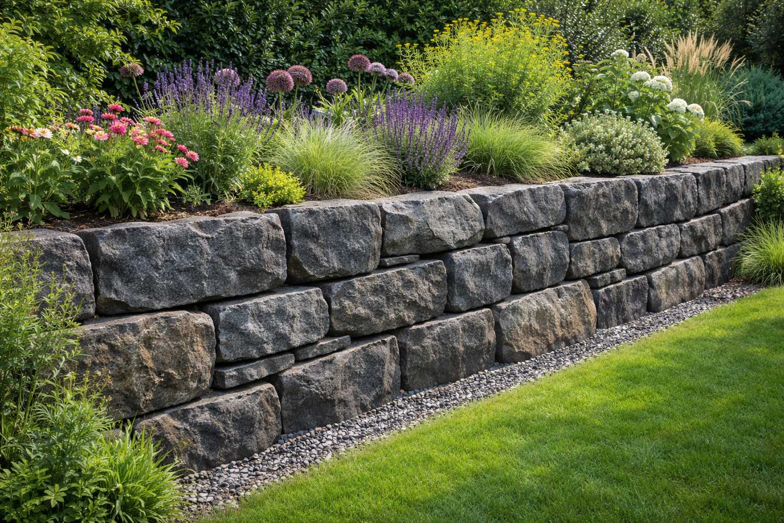 Garten mit Natursteinmauer und bepflanztem Staudenbeet mit Lavendel und Gräsern