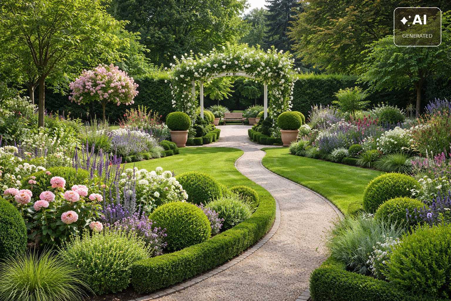 Gepflegter Ziergarten mit Rosen, Buchsbaum, Stauden und Gartenbogen