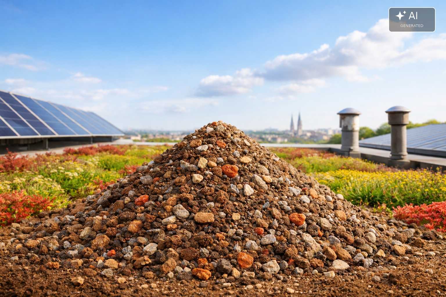 Mineralisches Dachsubstrat auf einem begrünten Flachdach mit Solarmodulen