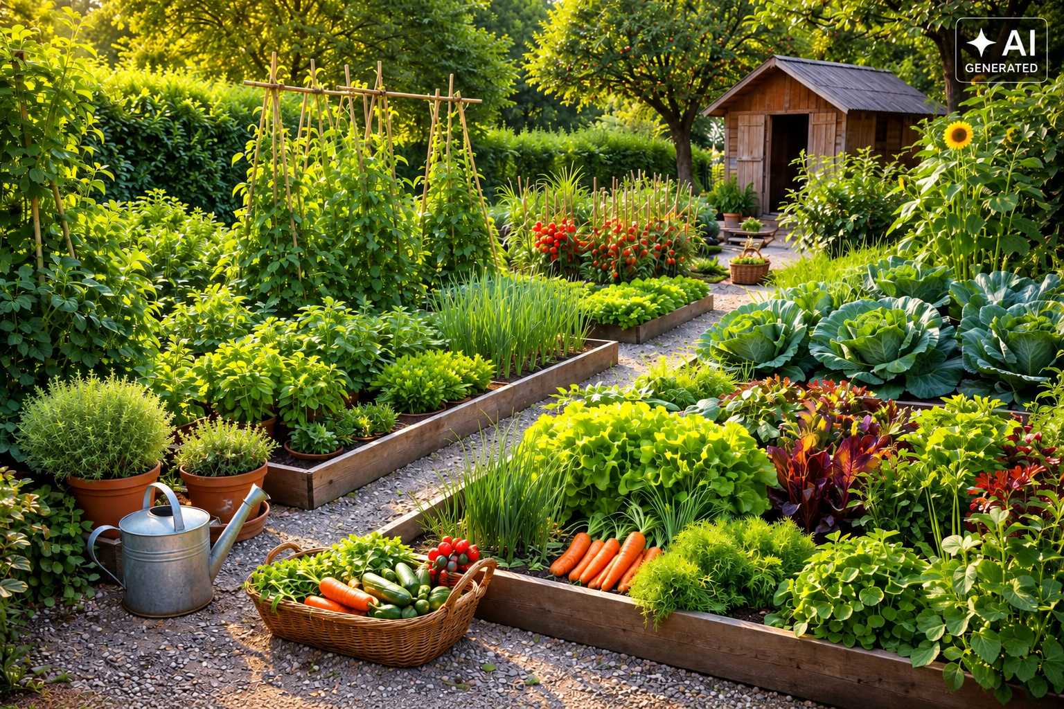 Selbstversorgergarten mit Gemüsebeeten, Tomaten, Kohl, Salat und Gartenhaus