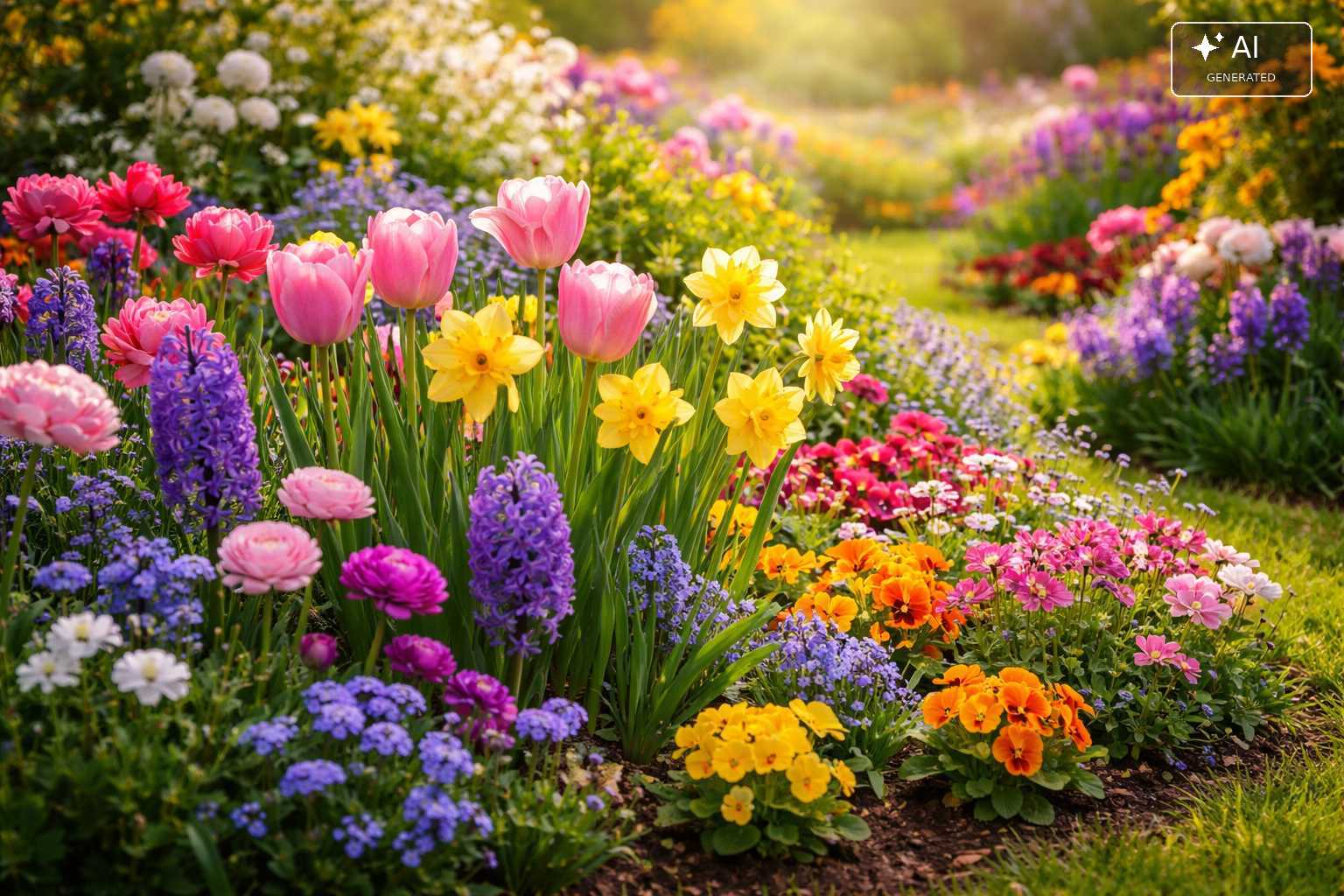 Farbenfrohes Blumenbeet mit rosa Tulpen, gelben Narzissen und weiteren Frühlingsblumen