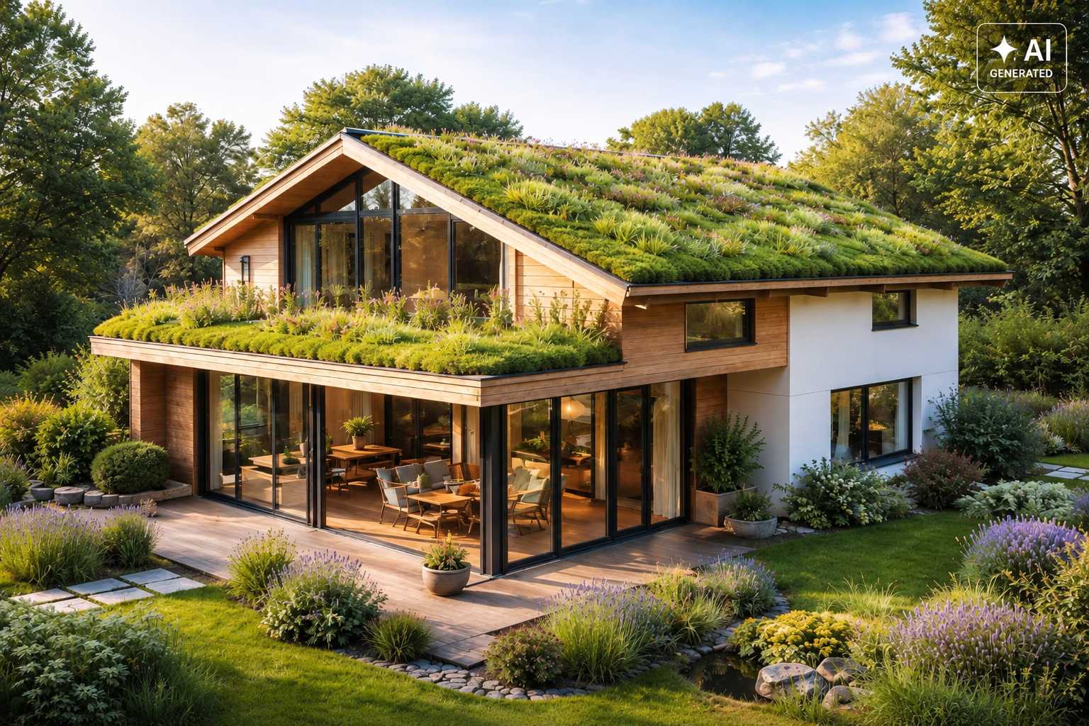 Nachhaltiges Wohnhaus mit Gründach, Dachbegrünung und naturnaher Gartengestaltung