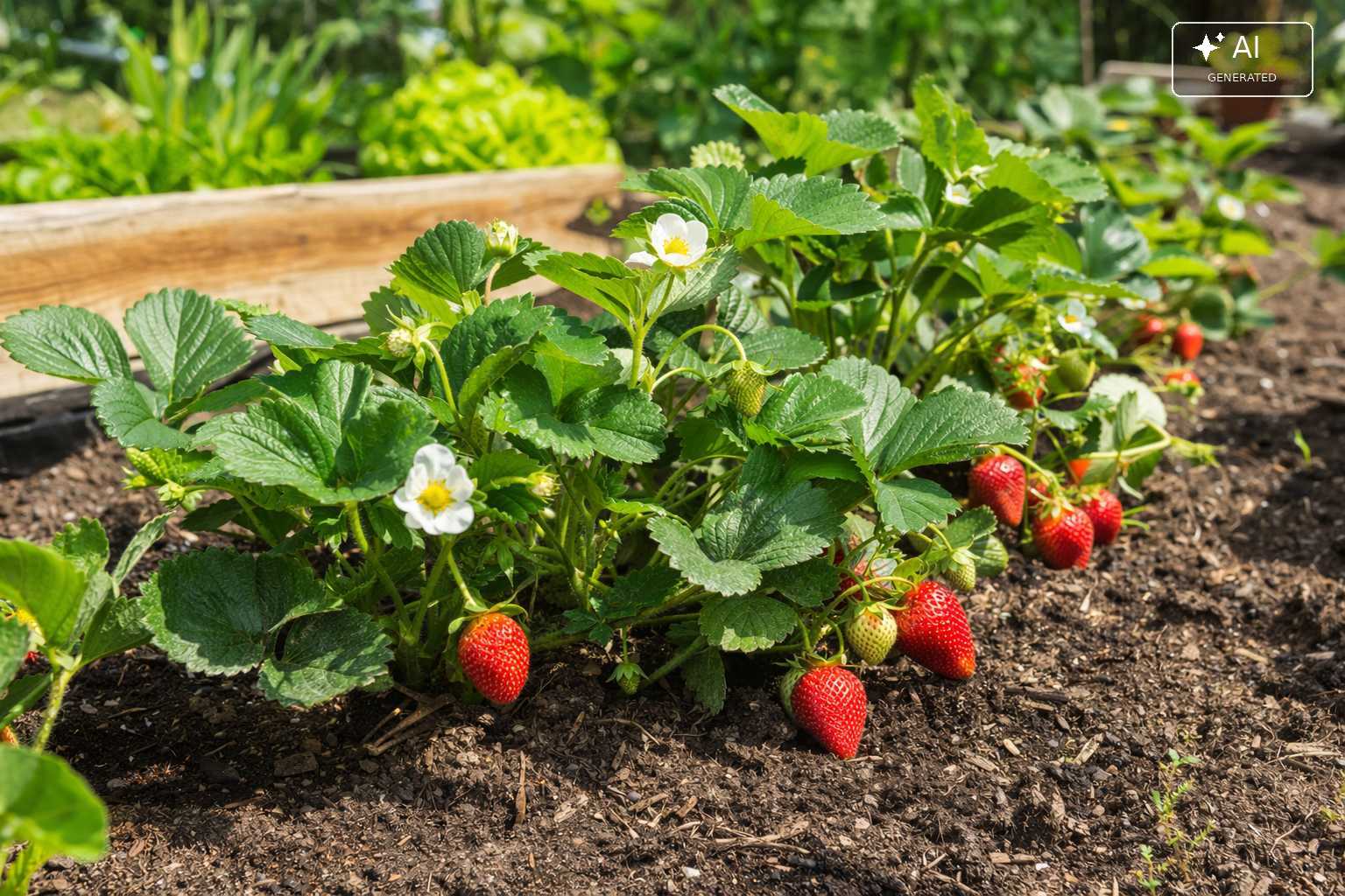 Blühende Erdbeerpflanzen mit roten und unreifen Erdbeeren in lockerer Gartenerde