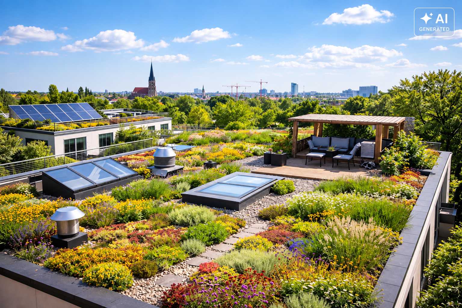Nachhaltiger Dachgarten mit blühender Bepflanzung, Sitzbereich und Solarmodulen
