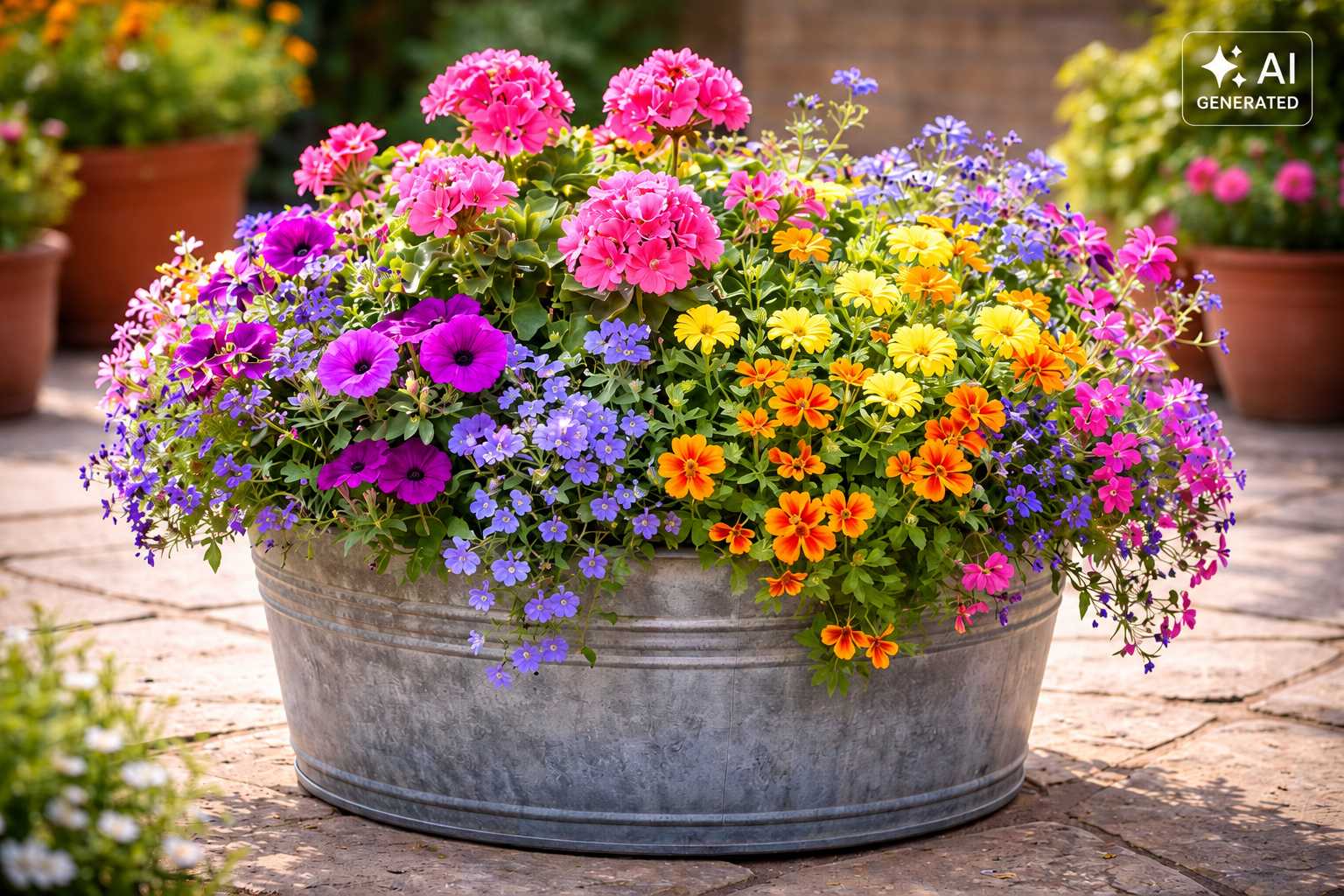 Üppig bepflanztes Metallgefäß mit Geranien, Petunien und farbenfrohen Balkonblumen