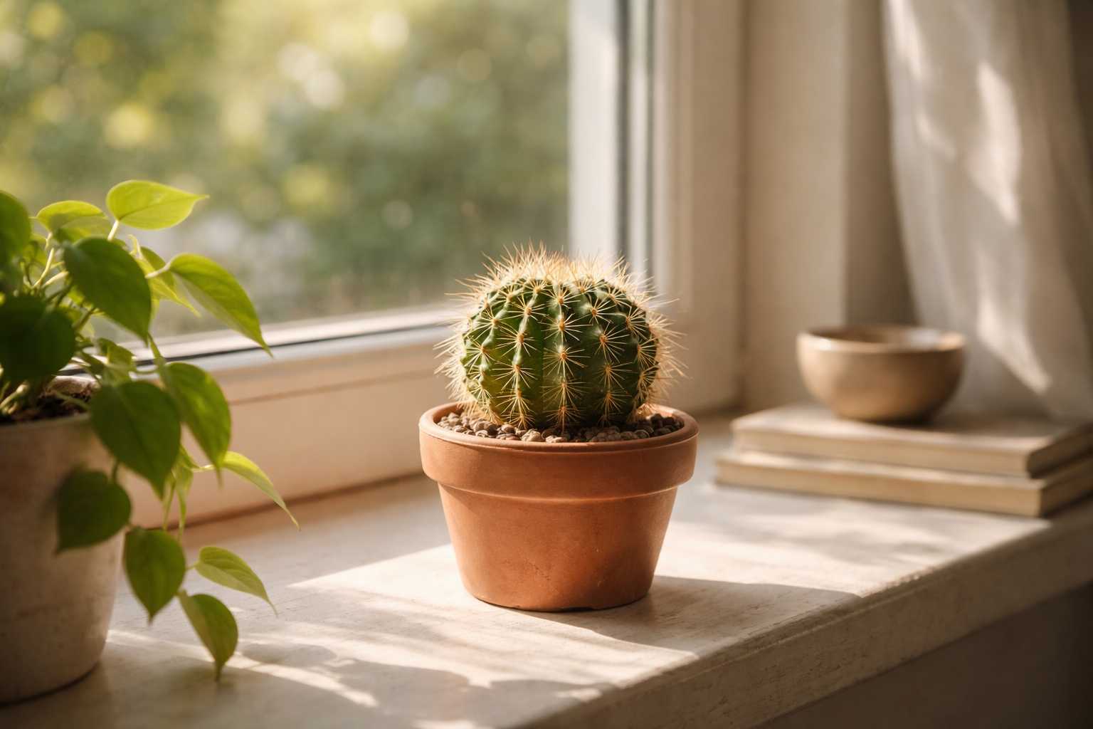 Kleiner Kaktus in einem Tontopf steht auf einer sonnigen Fensterbank neben einer grünen Zimmerpflanze