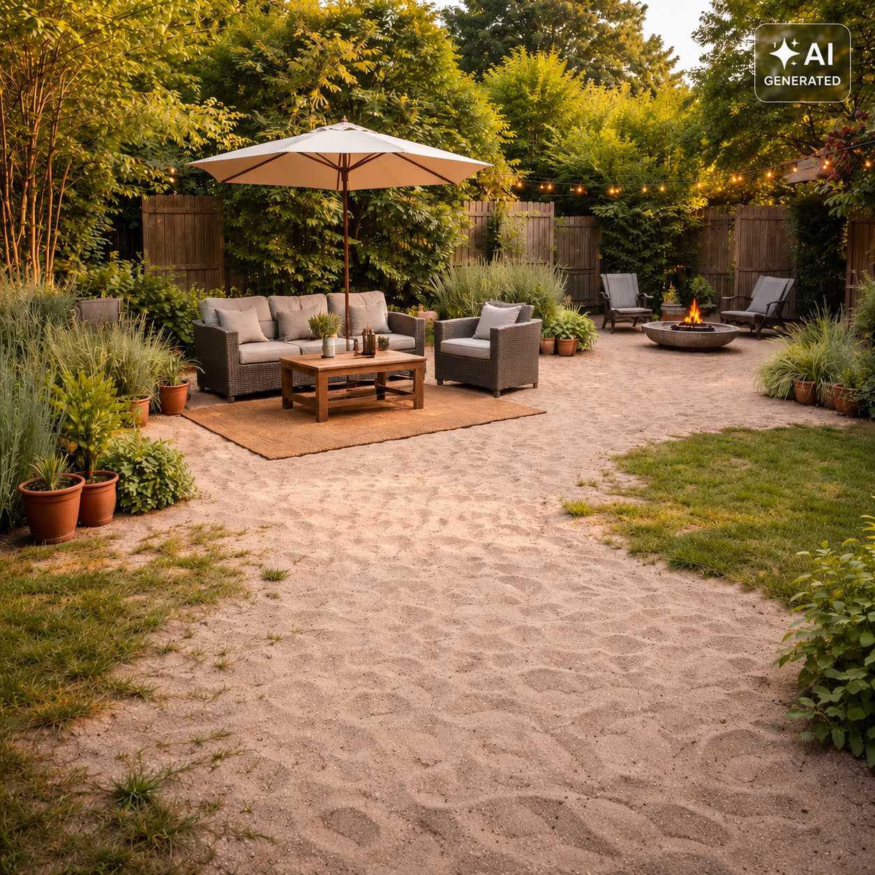 Gemütlicher Sitzbereich im Garten mit Sandboden, Sonnenschirm und Feuerstelle