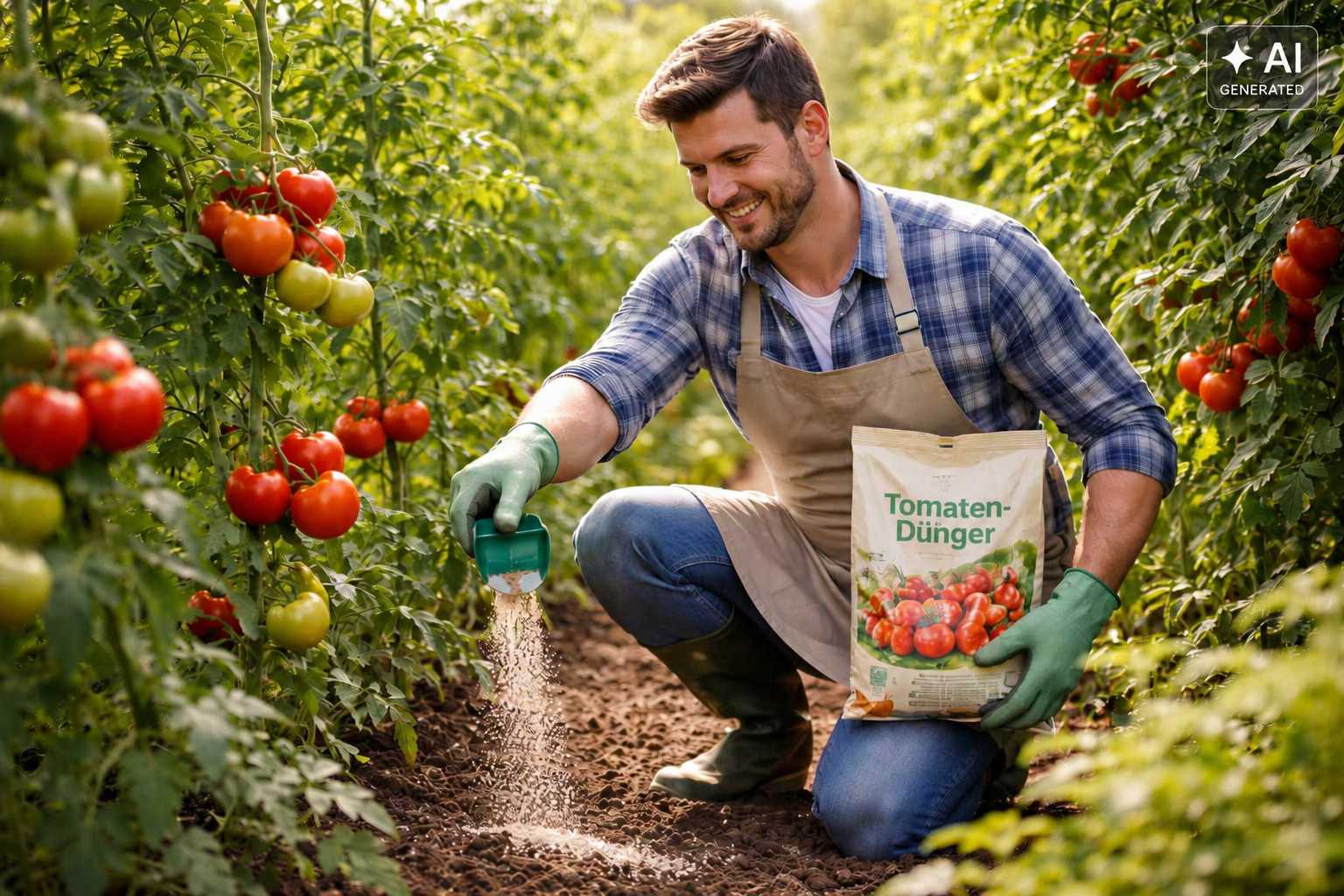Gärtner verteilt Tomatendünger zwischen kräftigen Tomatenpflanzen mit reifen Früchten